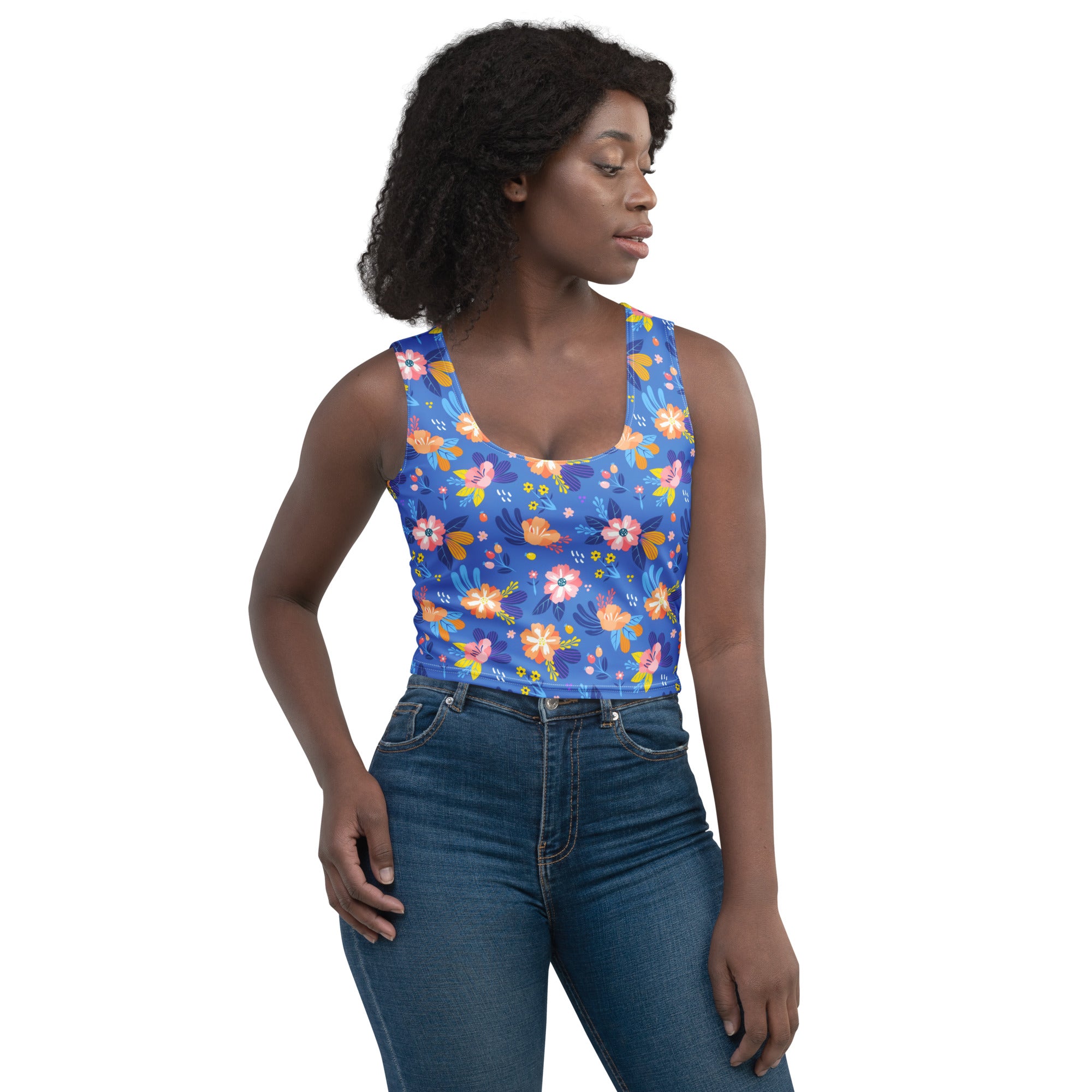 Women's Bright Blue Floral Buttery Soft Crop Top- Quick-Drying UPF 50+ Stretch Top
