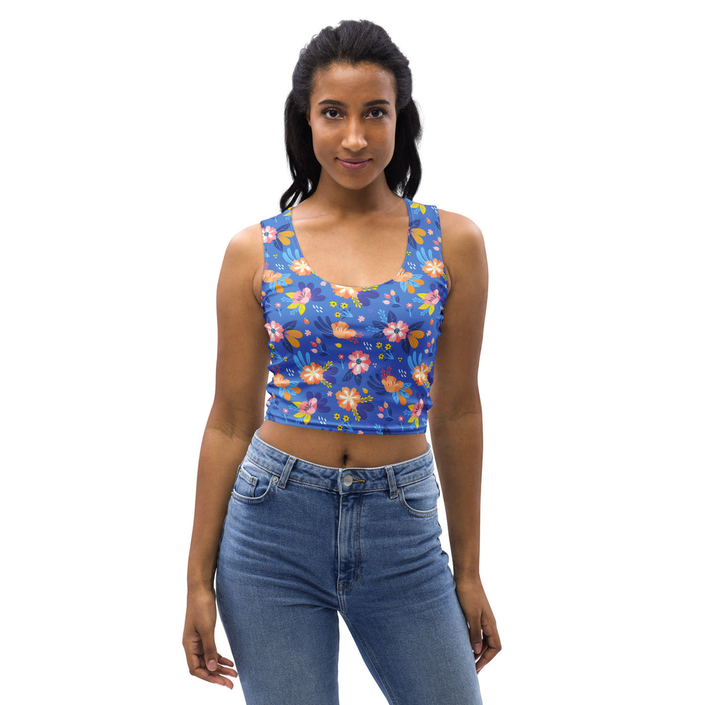 Women's Bright Blue Floral Buttery Soft Crop Top- Quick-Drying UPF 50+ Stretch Top