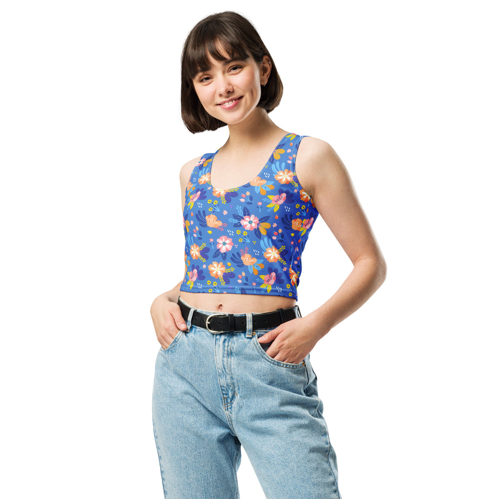 Women's Bright Blue Floral Buttery Soft Crop Top- Quick-Drying UPF 50+ Stretch Top