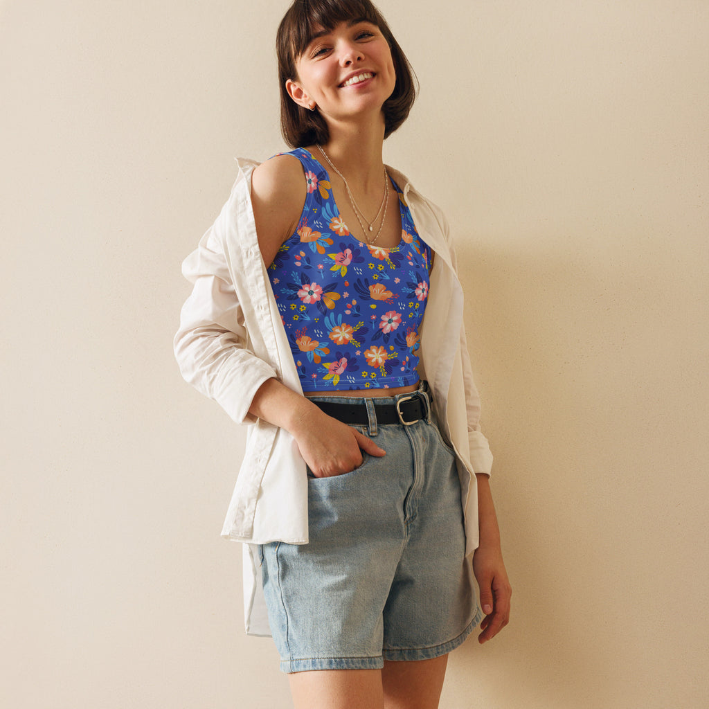 Women's Bright Blue Floral Buttery Soft Crop Top- Quick-Drying UPF 50+ Stretch Top