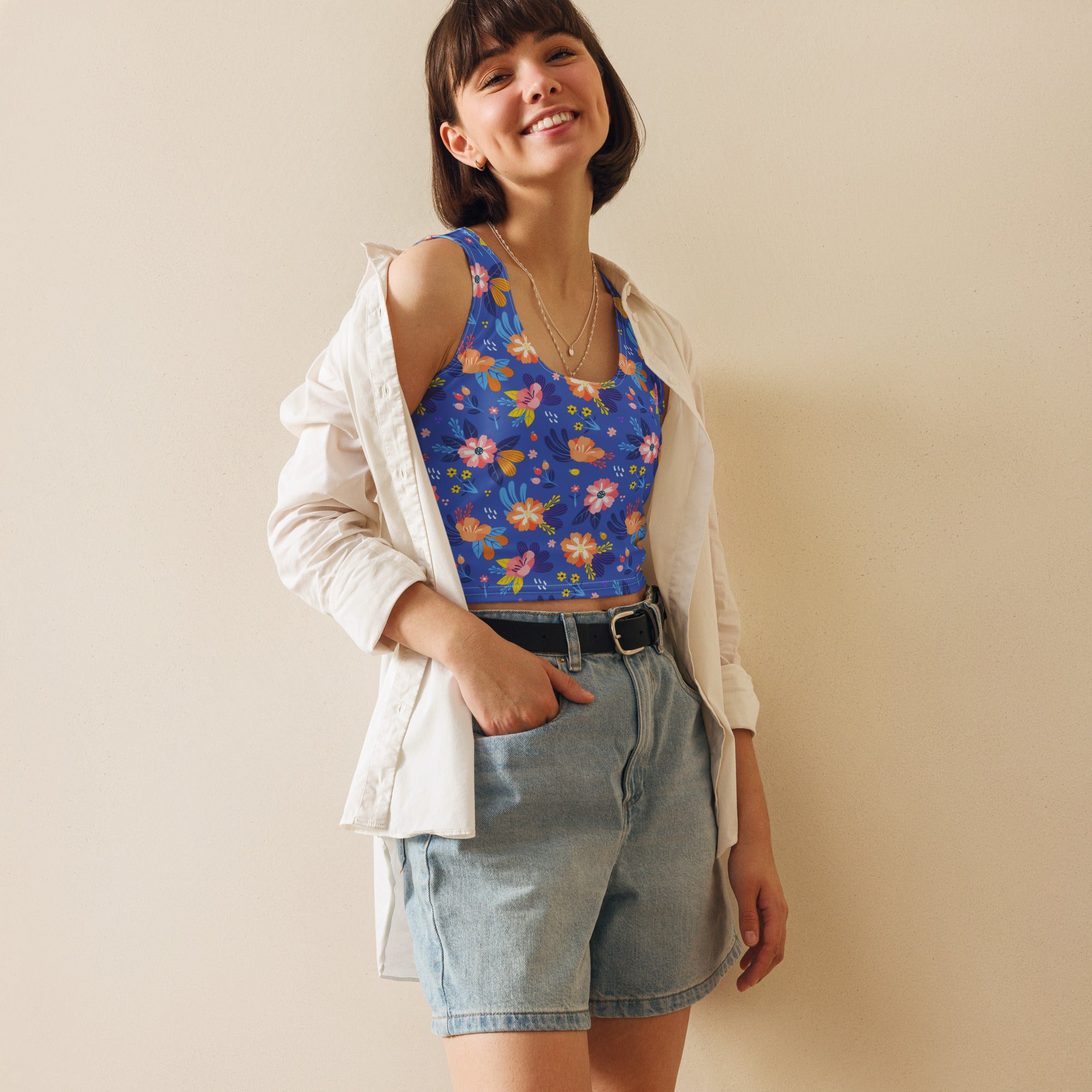 Women's Bright Blue Floral Buttery Soft Crop Top- Quick-Drying UPF 50+ Stretch Top