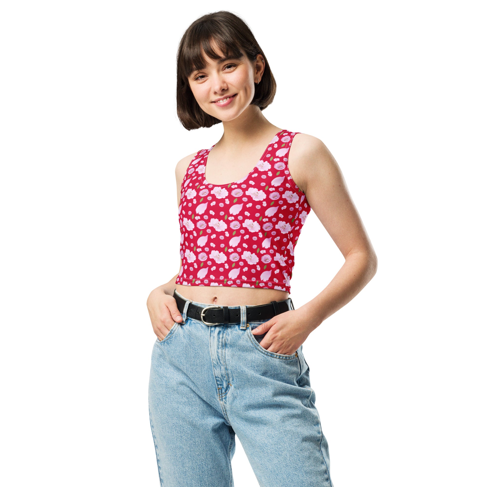 Women's Vibrant Red Floral Buttery Soft Crop Top- Quick-Drying UPF 50+ Stretch Top