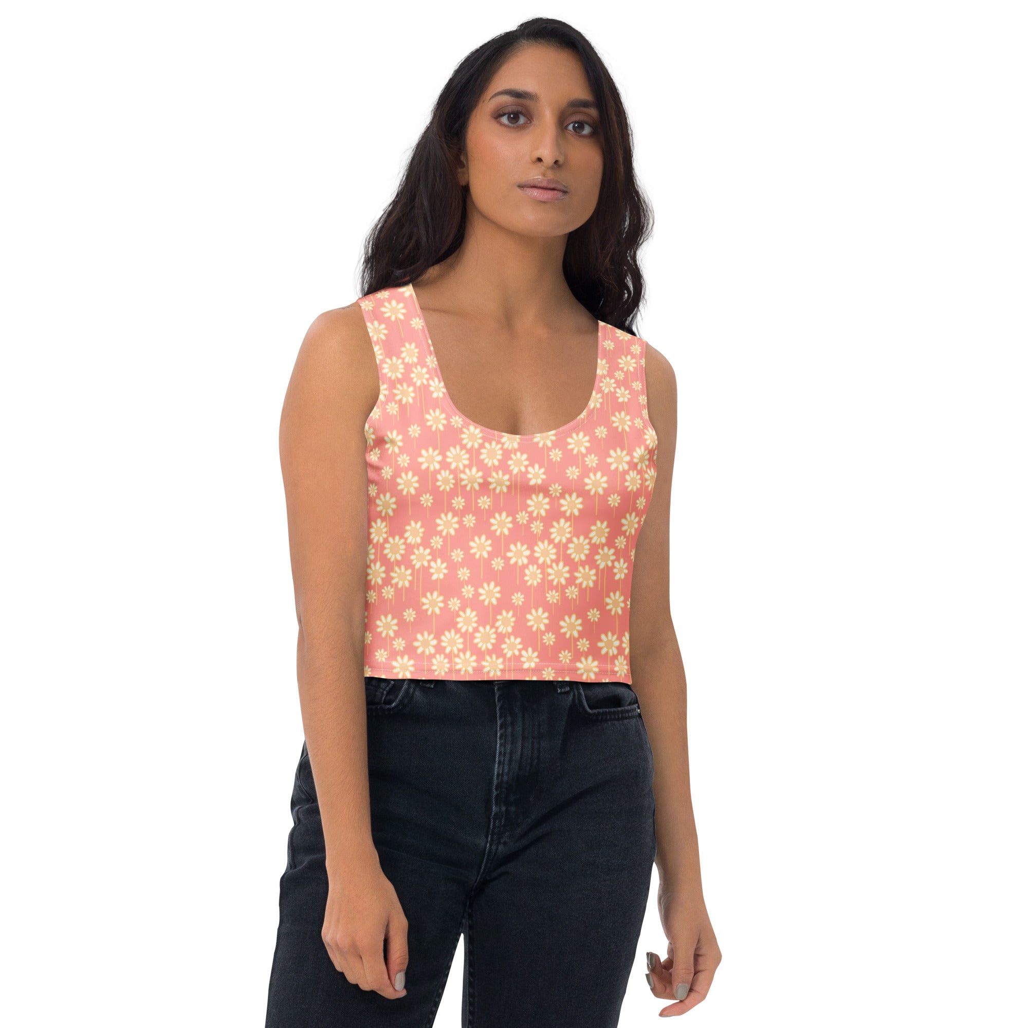 Women's Coral Daisy Buttery Soft Crop Top- Quick-Drying UPF 50+ Stretch Top