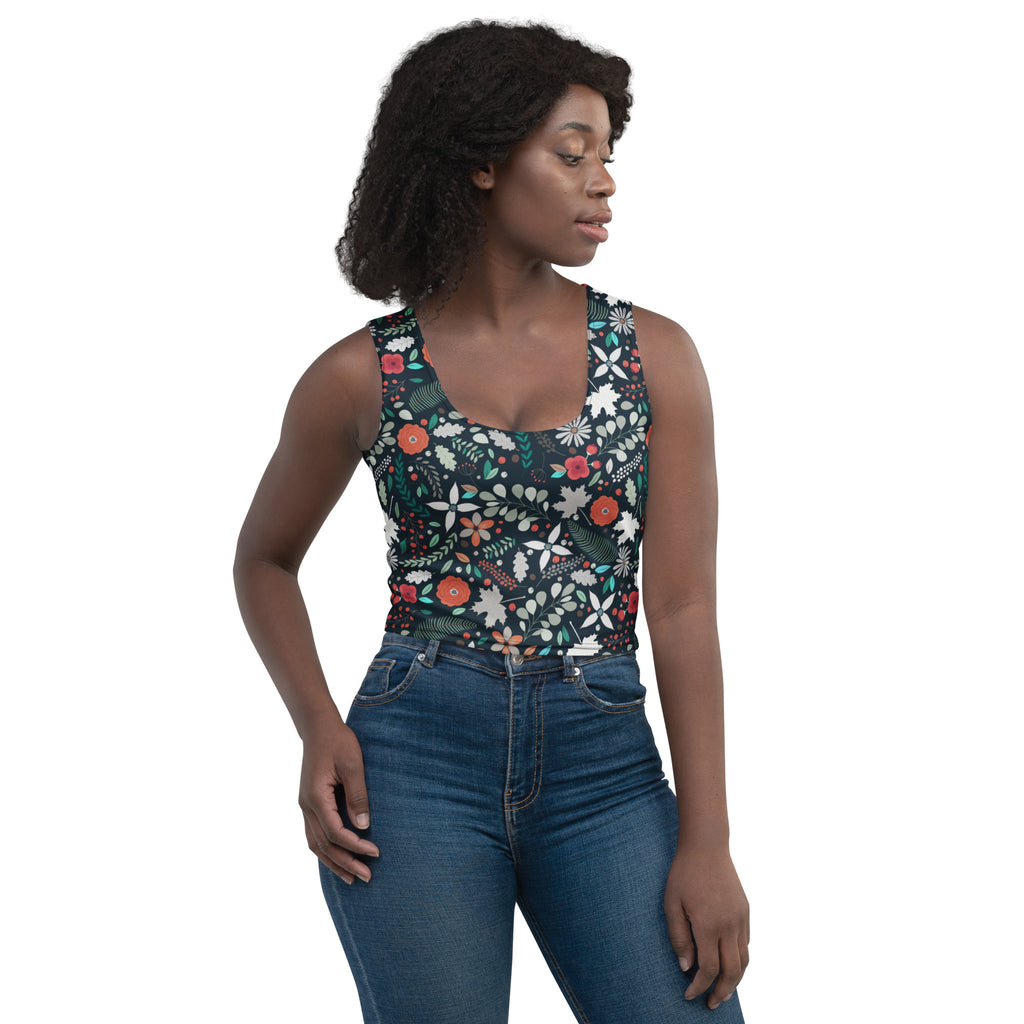 Women's Dark Botanical Floral Buttery Soft Crop Top- Quick-Drying UPF 50+ Stretch Top