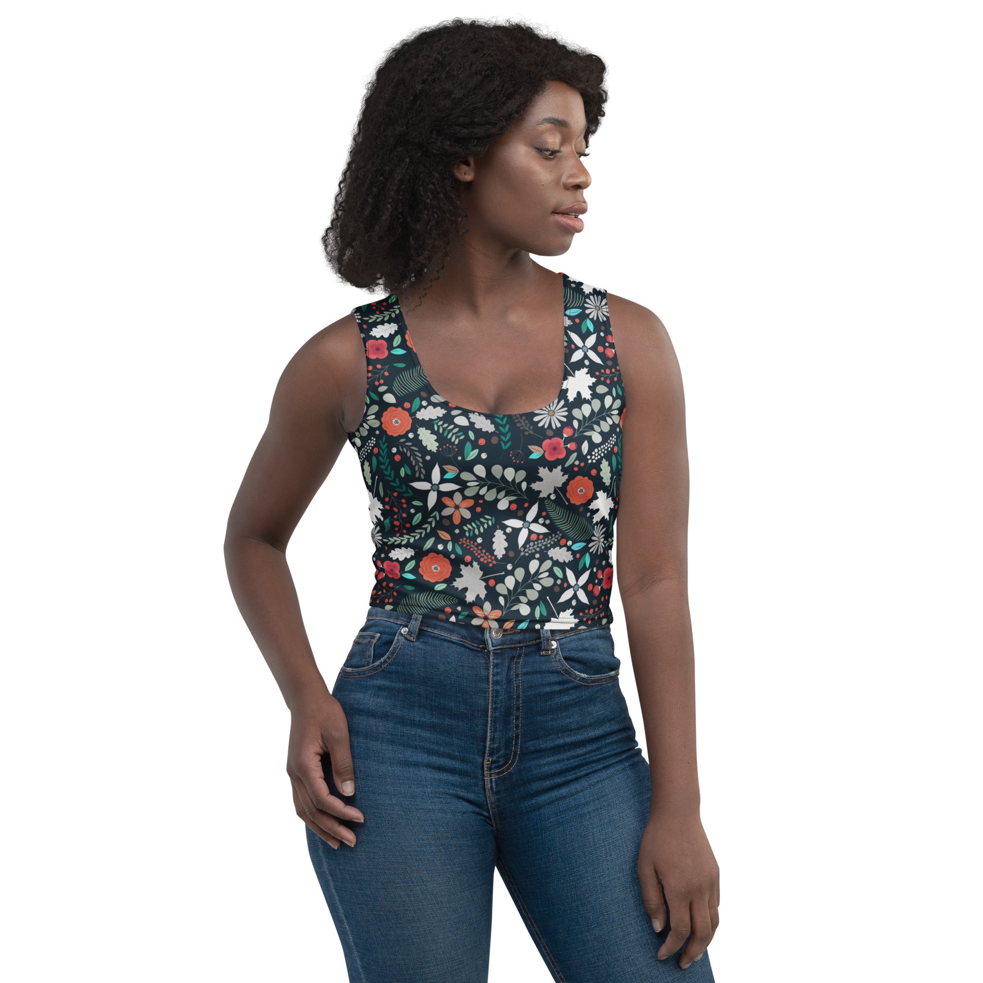 Women's Dark Botanical Floral Buttery Soft Crop Top- Quick-Drying UPF 50+ Stretch Top