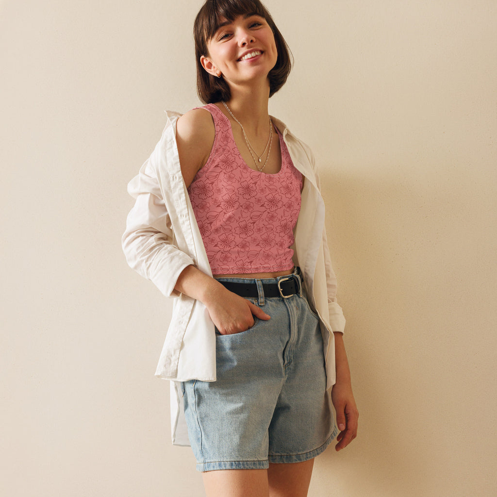 Women's Dusty Rose Floral Buttery Soft Crop Top- Quick-Drying UPF 50+ Stretch Top