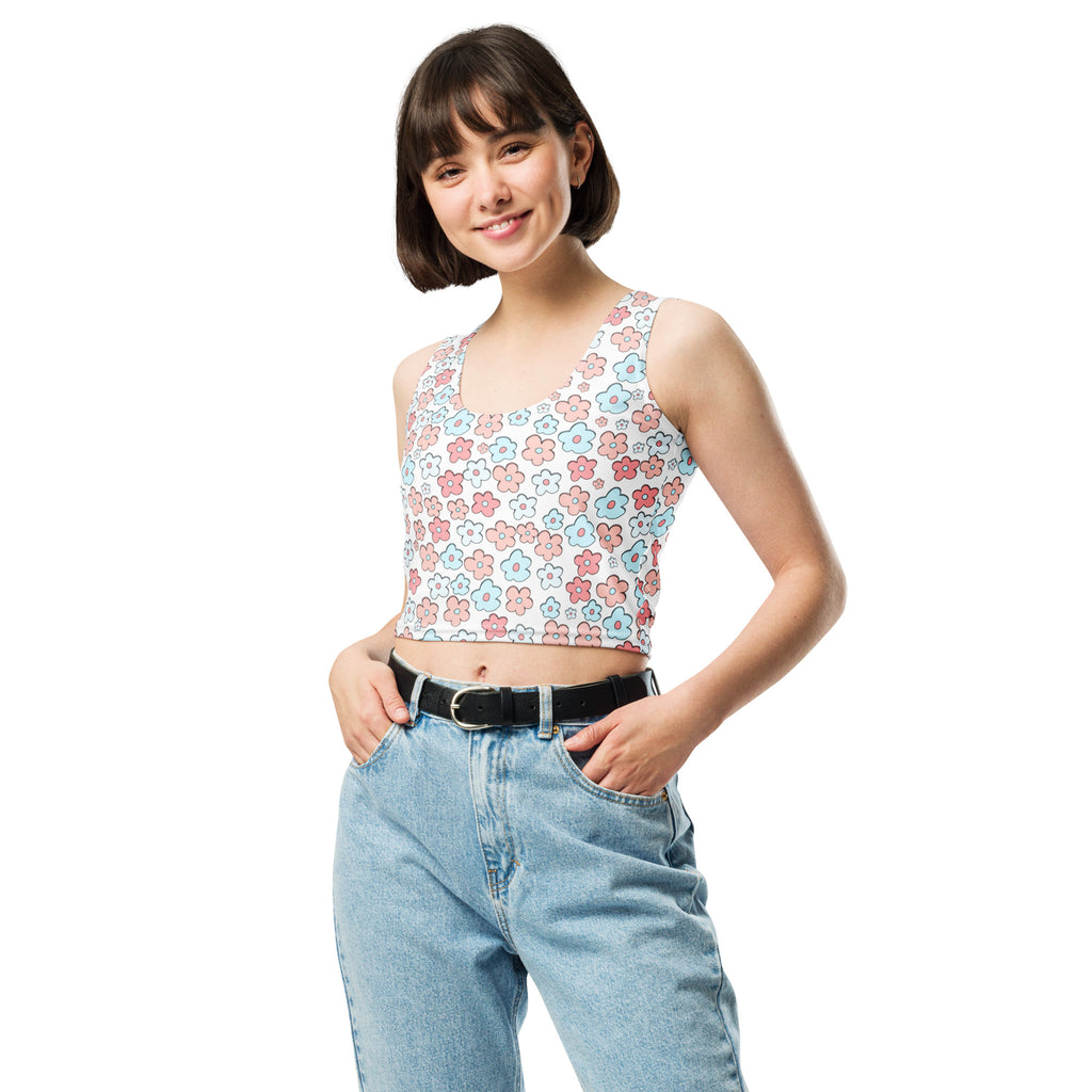 Women's Pastel Doodle Floral Buttery Soft Crop Top- Quick-Drying UPF 50+ Stretch Top