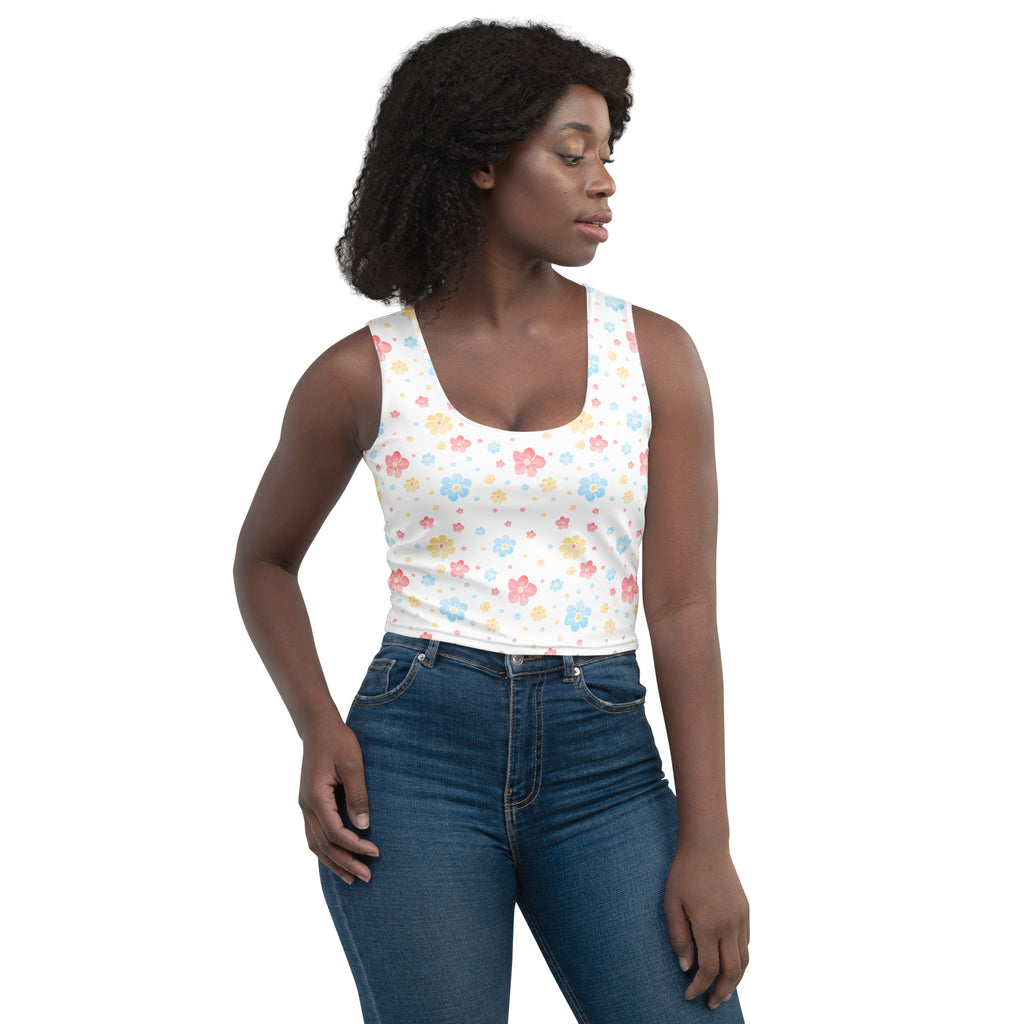 Women's White Pastel Floral Buttery Soft Crop Top- Quick-Drying UPF 50+ Stretch Top