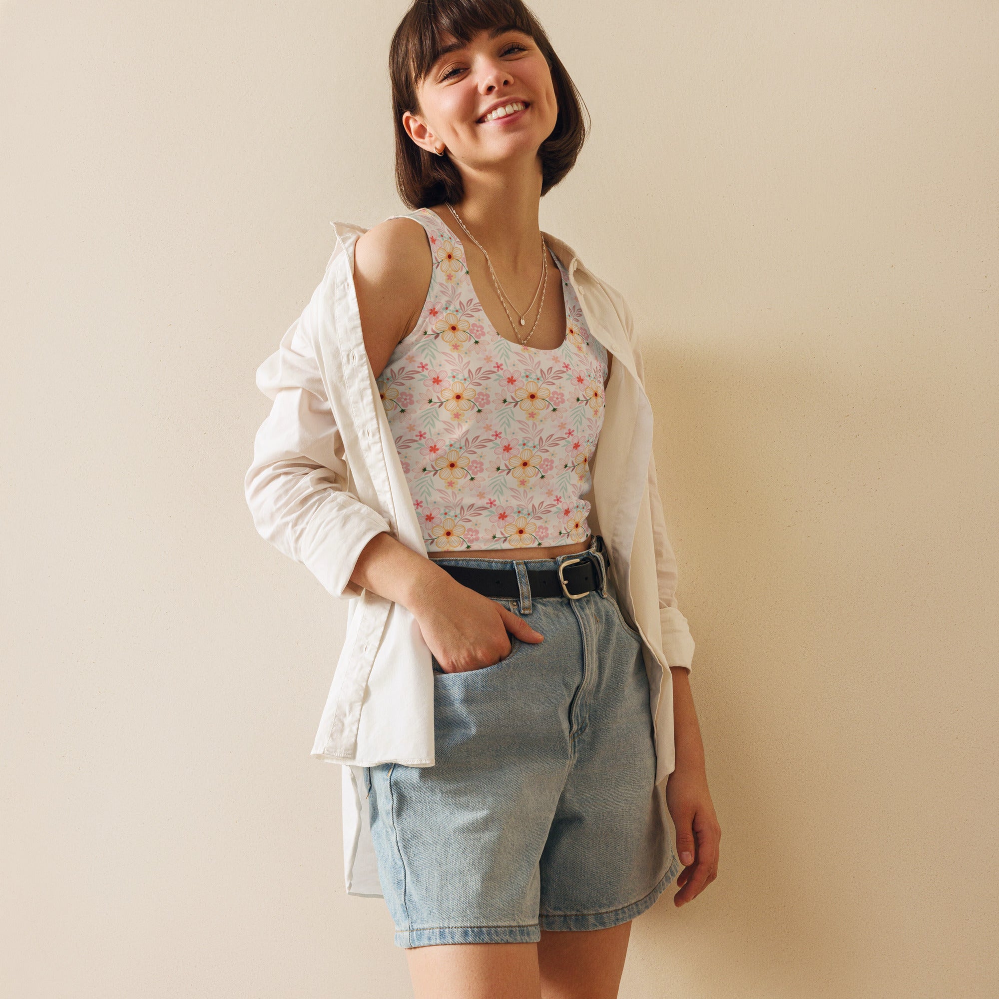 Women's Vintage Garden Floral Buttery Soft Crop Top- Quick-Drying UPF 50+ Stretch Top