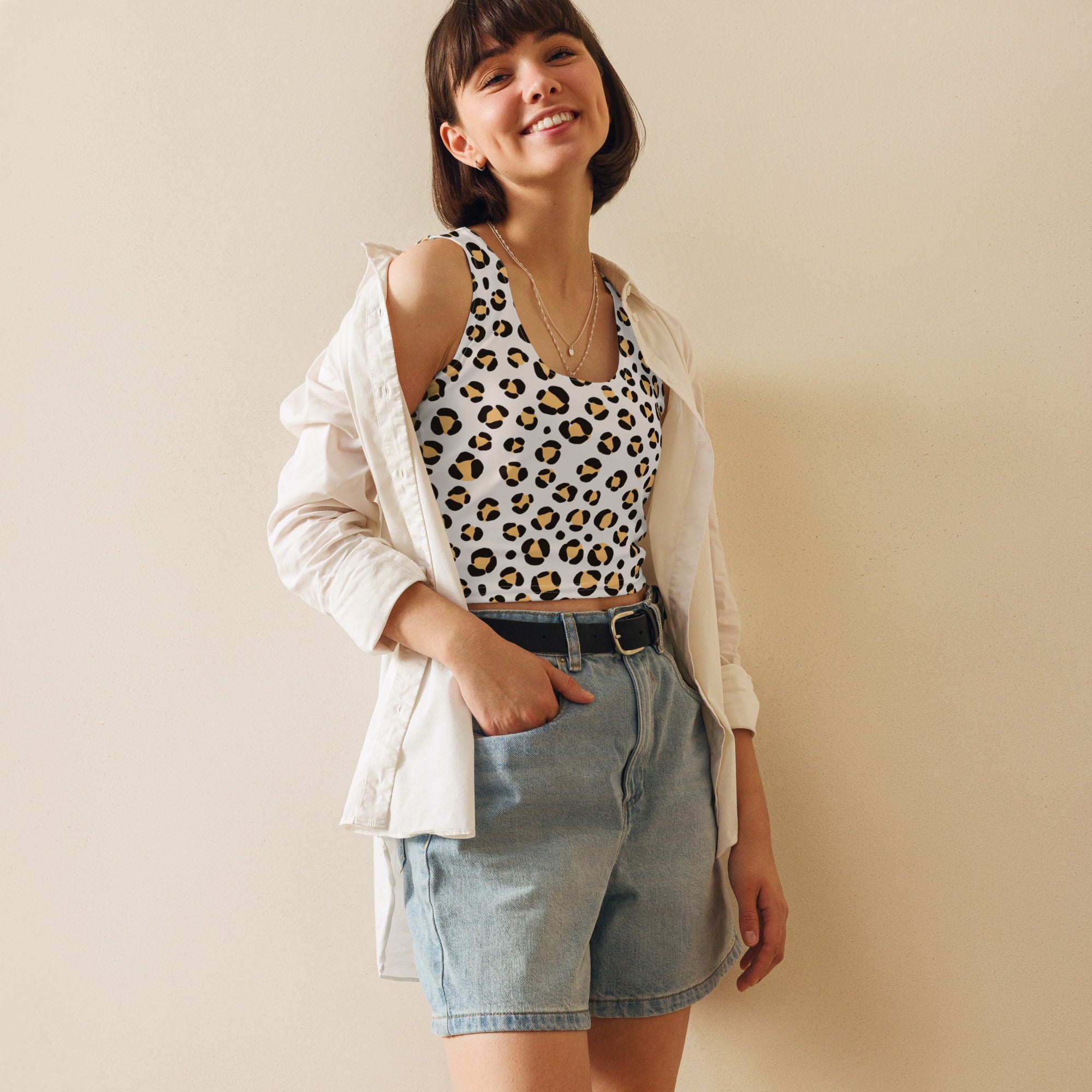 Women's Yellow Spotted Leopard Buttery Soft Crop Top- Quick-Drying UPF 50+ Stretch Top