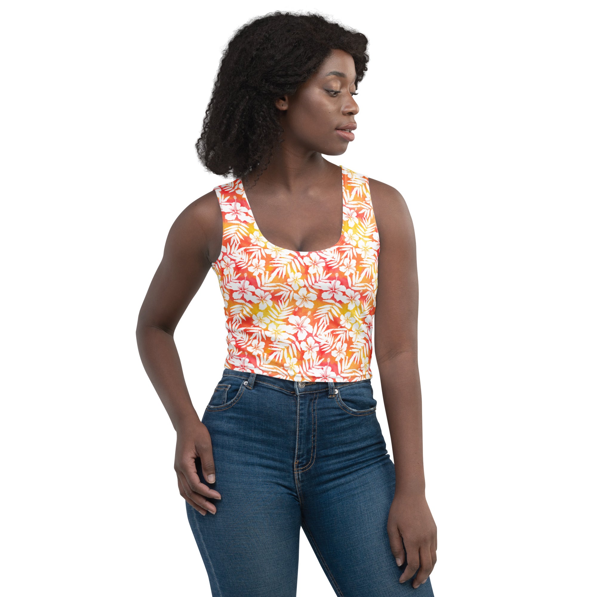 Women's Orange Tropical Floral Buttery Soft Crop Top- Quick-Drying UPF 50+ Stretch Top