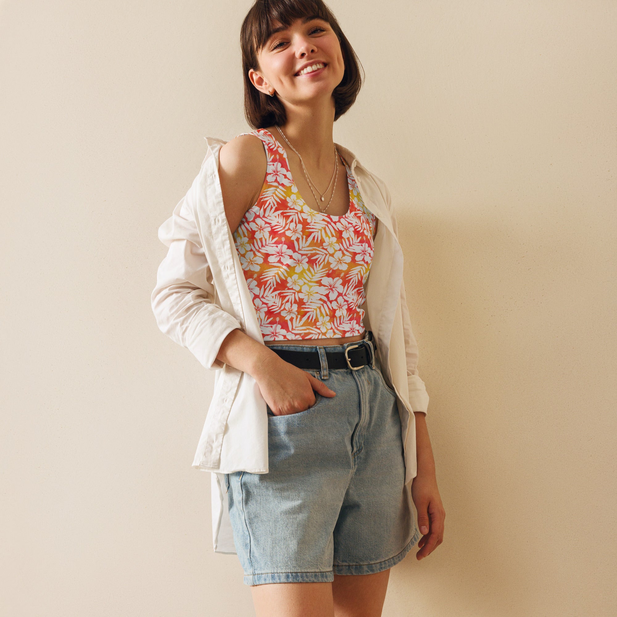 Women's Orange Tropical Floral Buttery Soft Crop Top- Quick-Drying UPF 50+ Stretch Top