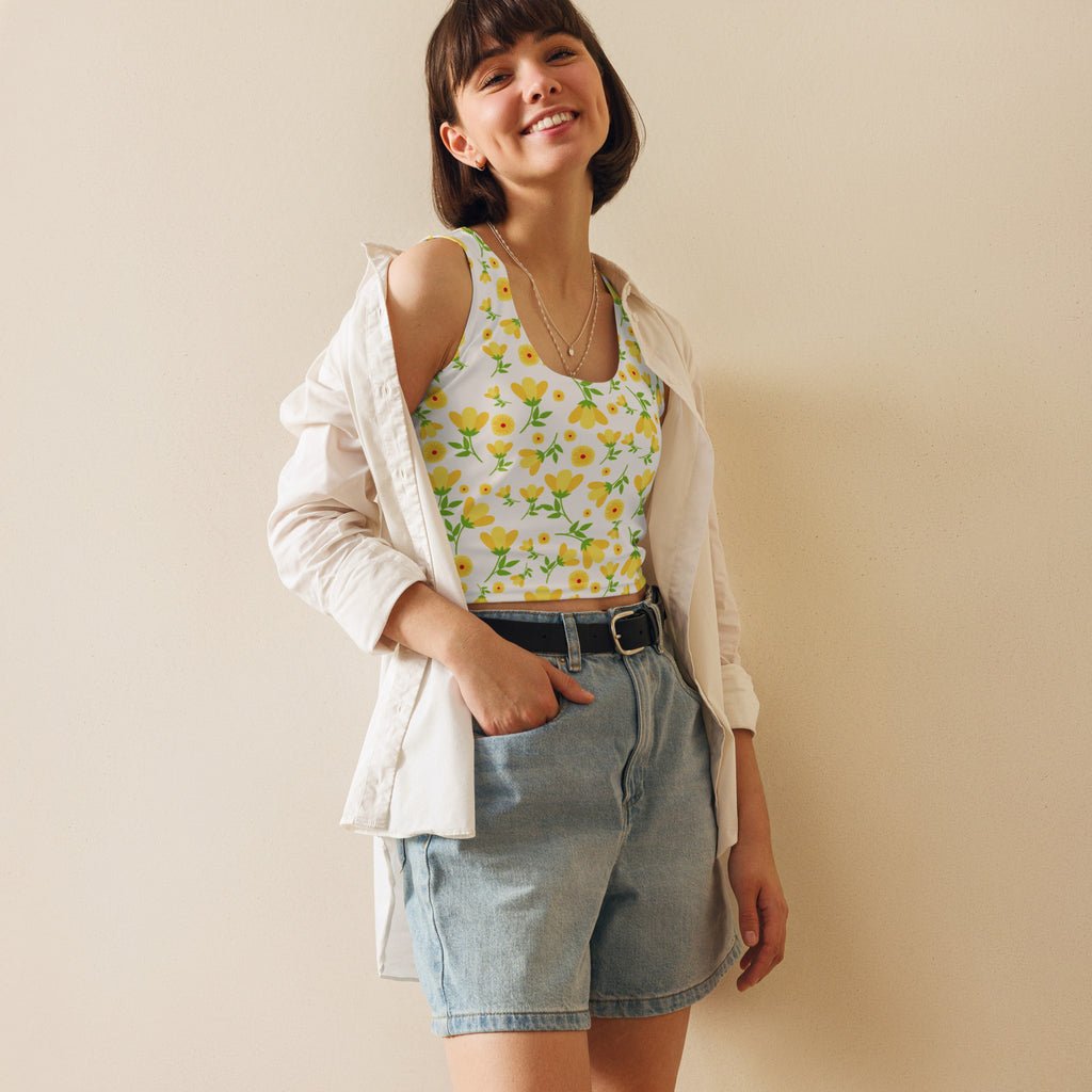 Women's Yellow Floral Daisy Buttery Soft Crop Top- Quick-Drying UPF 50+ Stretch Top