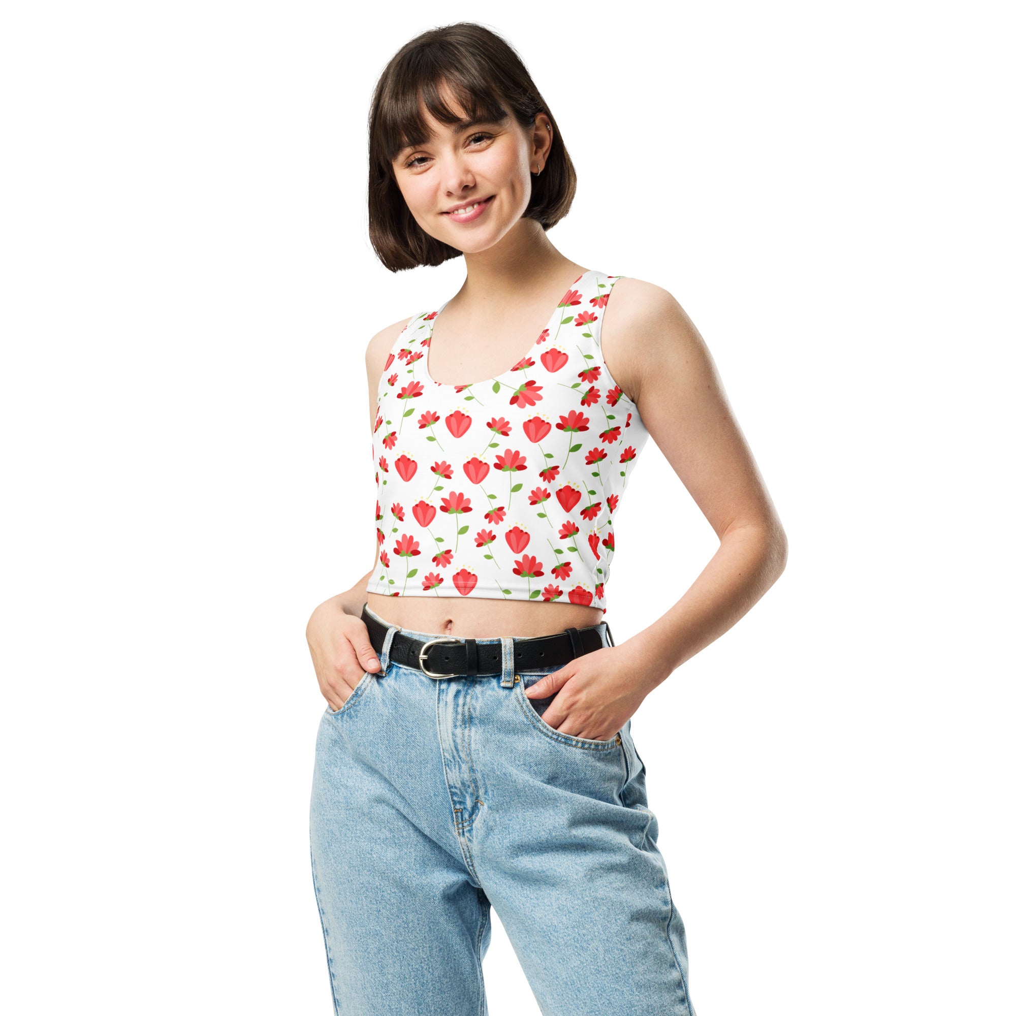Women's Red Floral Daisy Buttery Soft Crop Top- Quick-Drying UPF 50+ Stretch Top