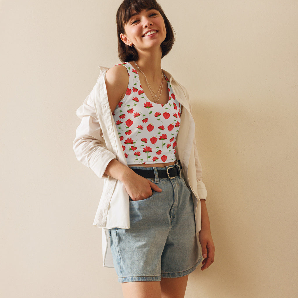 Women's Red Floral Daisy Buttery Soft Crop Top- Quick-Drying UPF 50+ Stretch Top