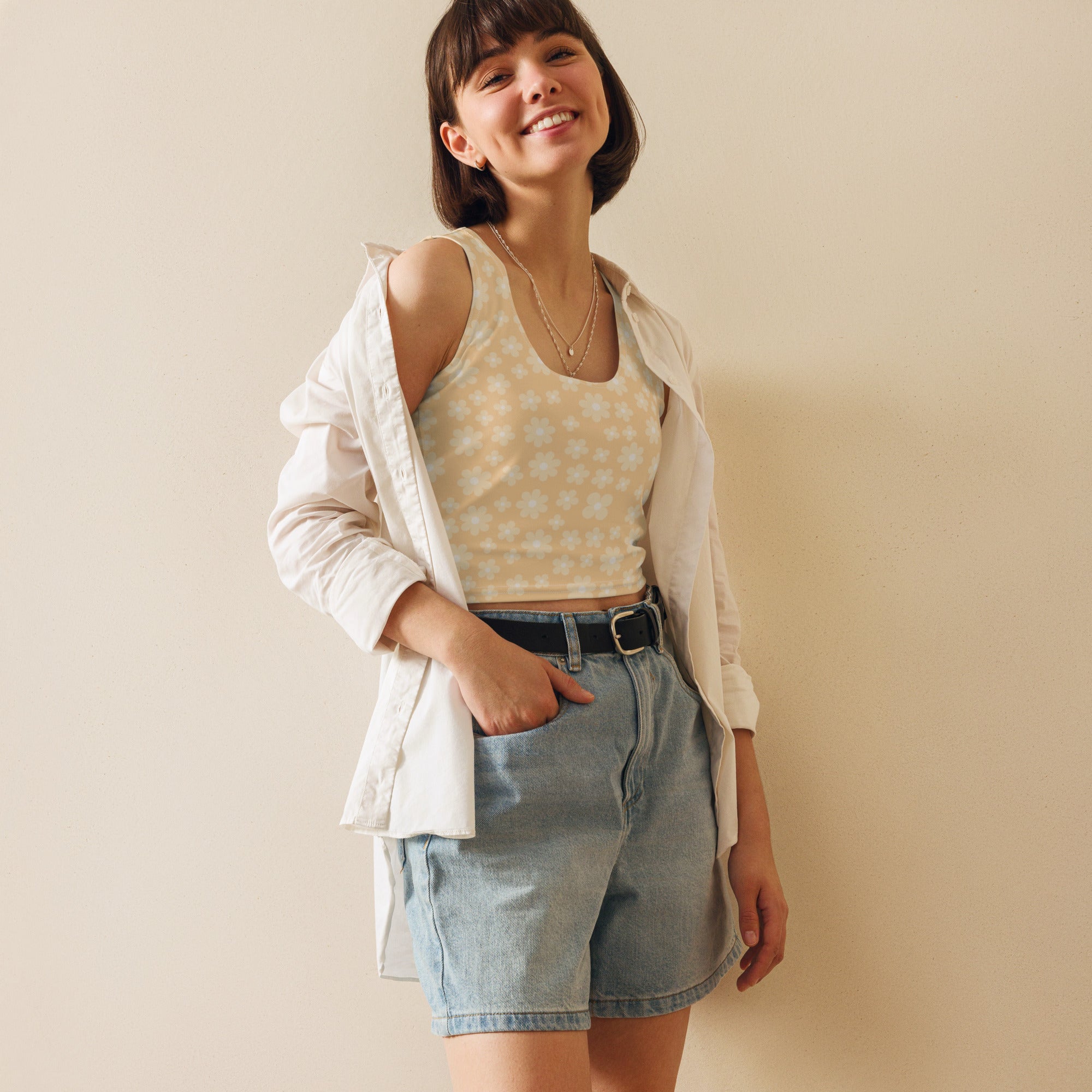 Women's Beige Daisy Buttery Soft Crop Top- Quick-Drying UPF 50+ Stretch Top