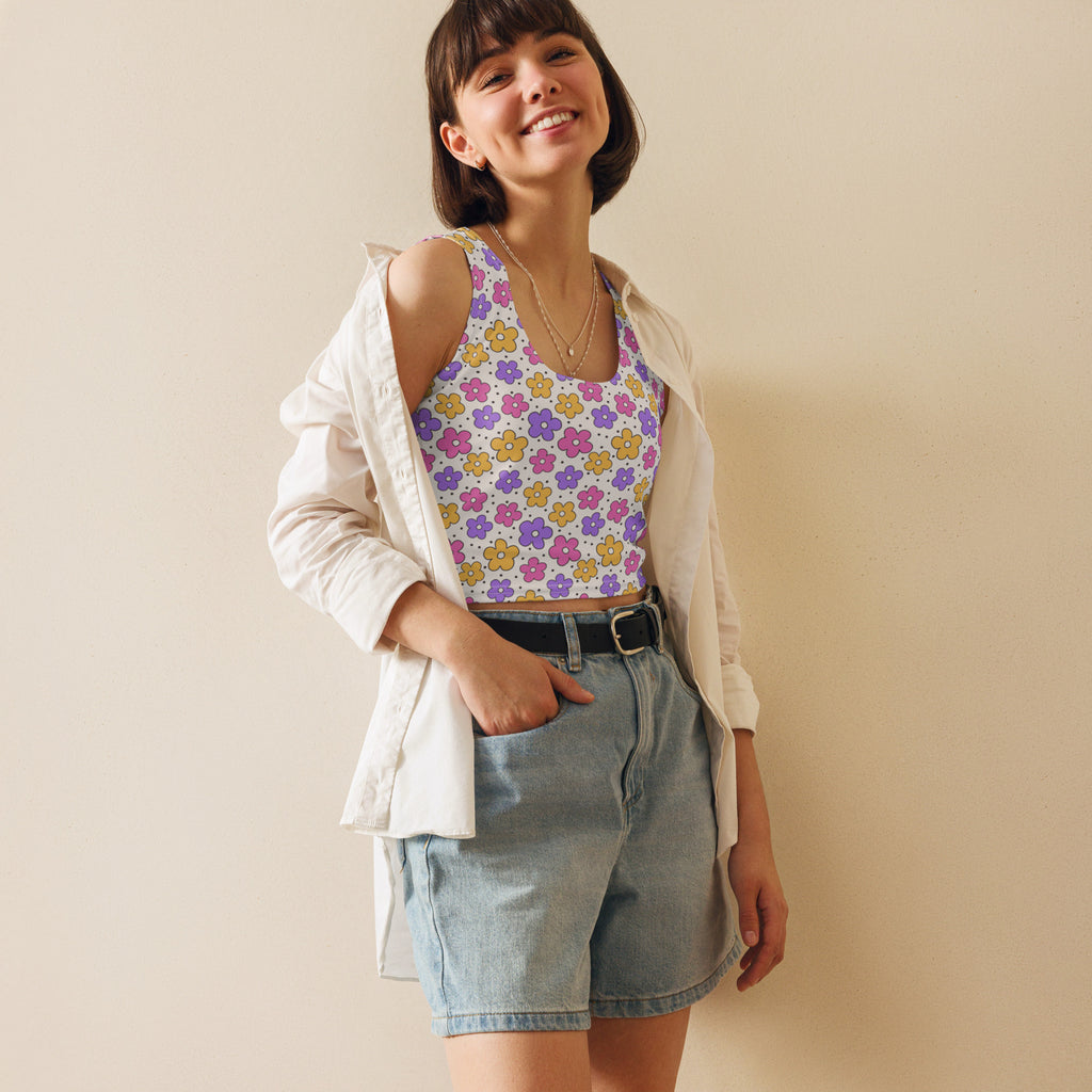 Women's Retro Flowers Buttery Soft Crop Top- Quick-Drying UPF 50+ Stretch Top
