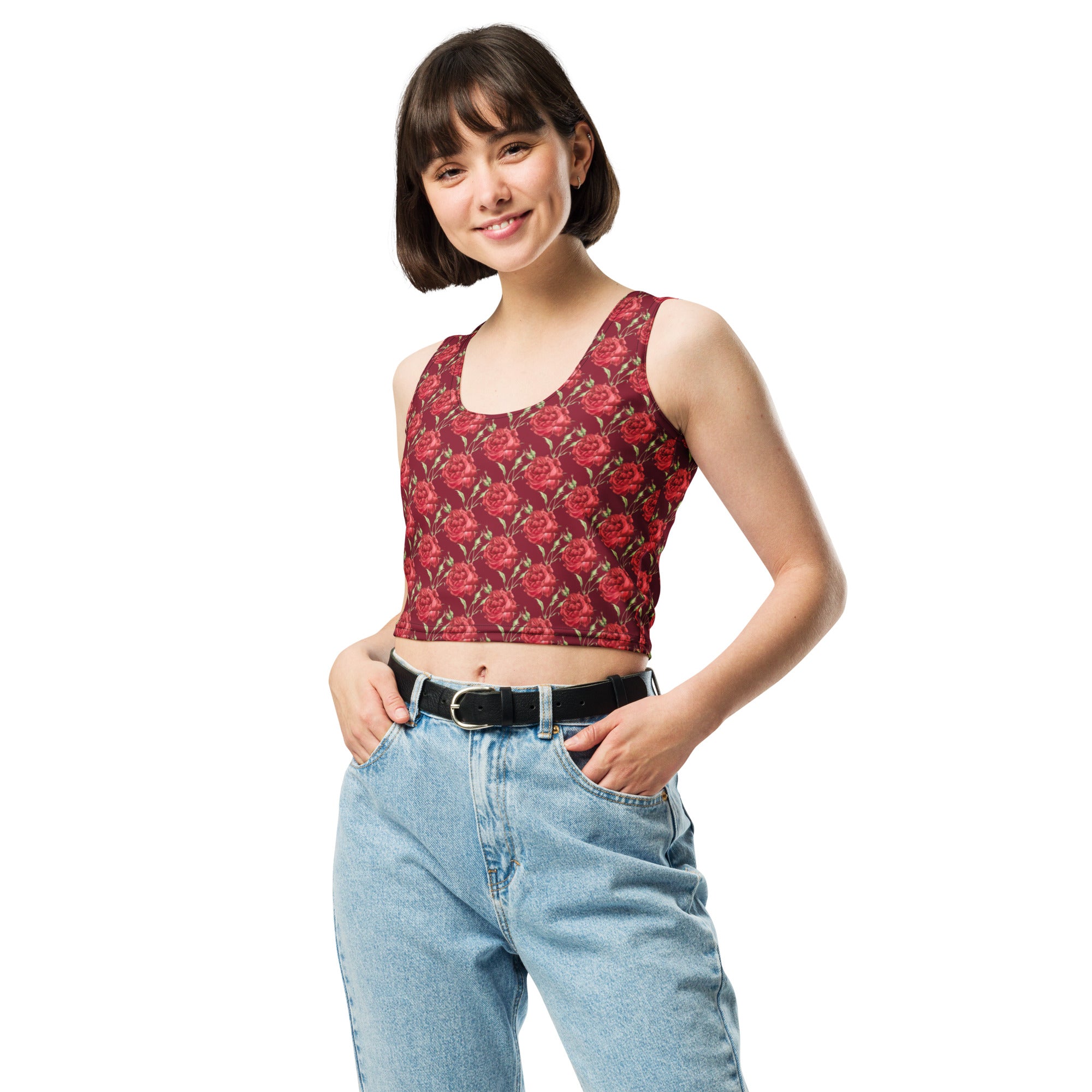 Women's Burgundy Rose Buttery Soft Crop Top- Quick-Drying UPF 50+ Stretch Top