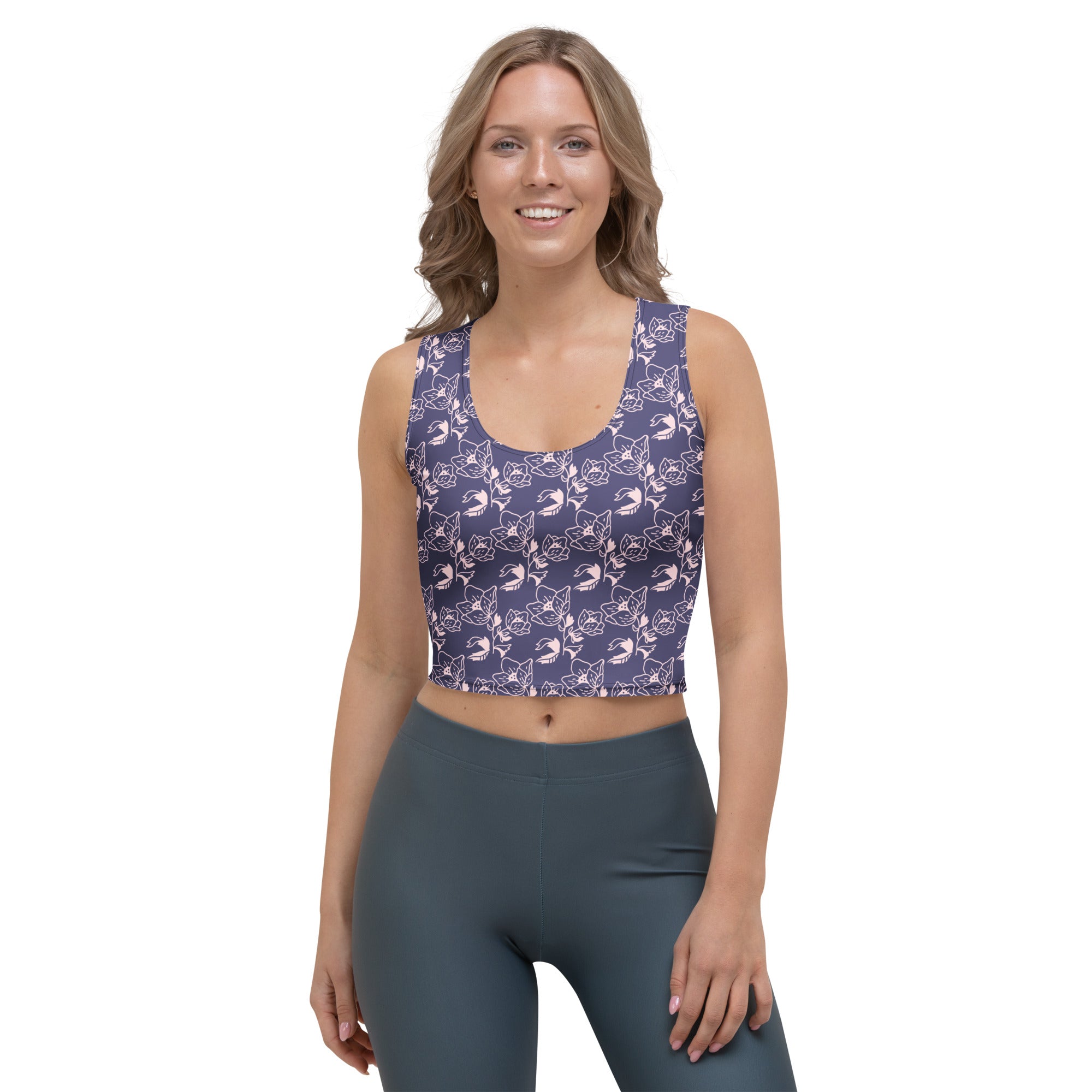 Women's Navy Purple Floral Buttery Soft Crop Top- Quick-Drying UPF 50+ Stretch Top