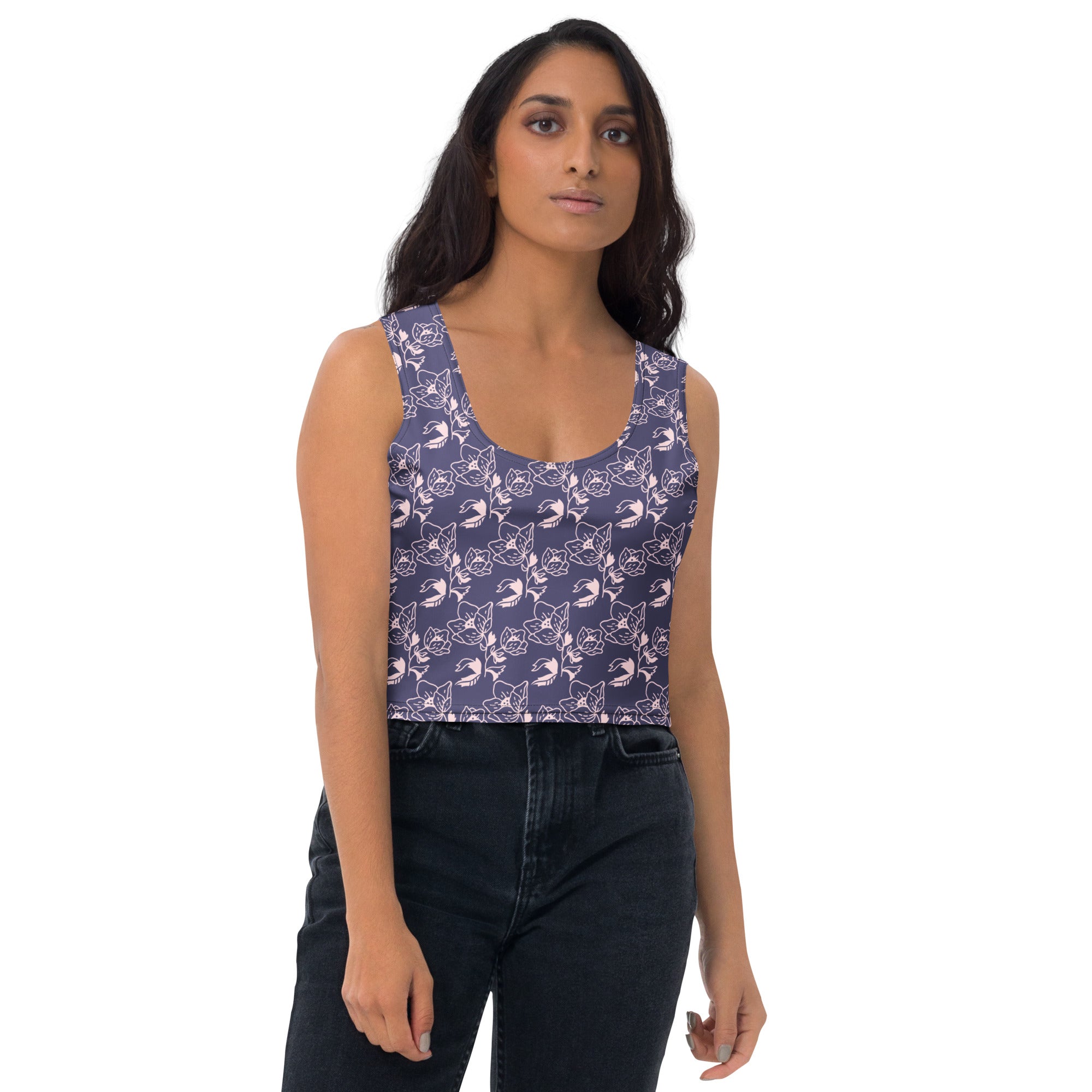 Women's Navy Purple Floral Buttery Soft Crop Top- Quick-Drying UPF 50+ Stretch Top