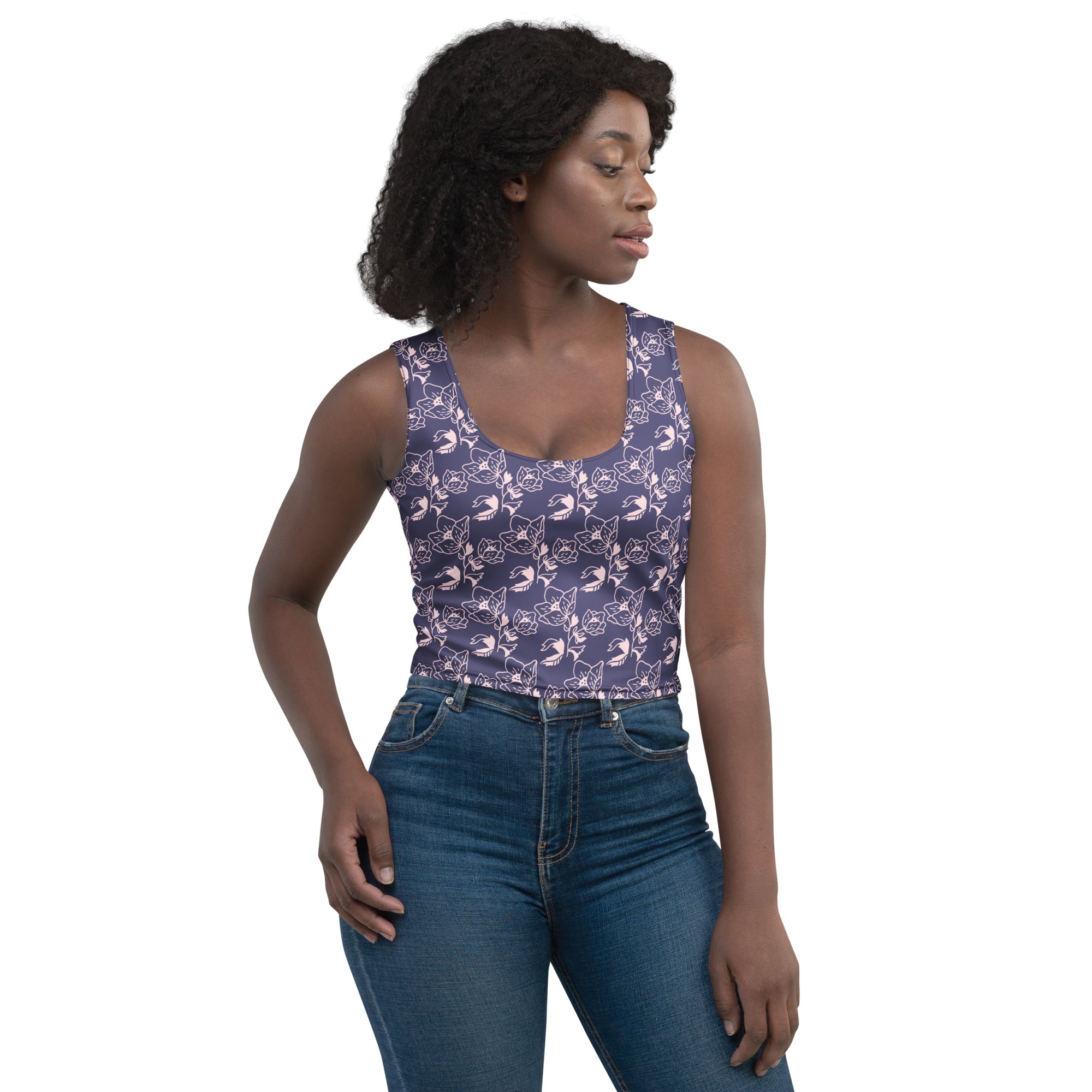 Women's Navy Purple Floral Buttery Soft Crop Top- Quick-Drying UPF 50+ Stretch Top