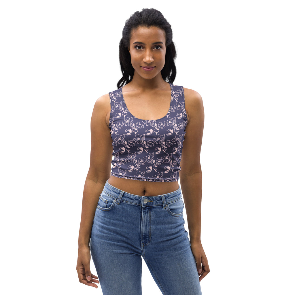 Women's Navy Purple Floral Buttery Soft Crop Top- Quick-Drying UPF 50+ Stretch Top