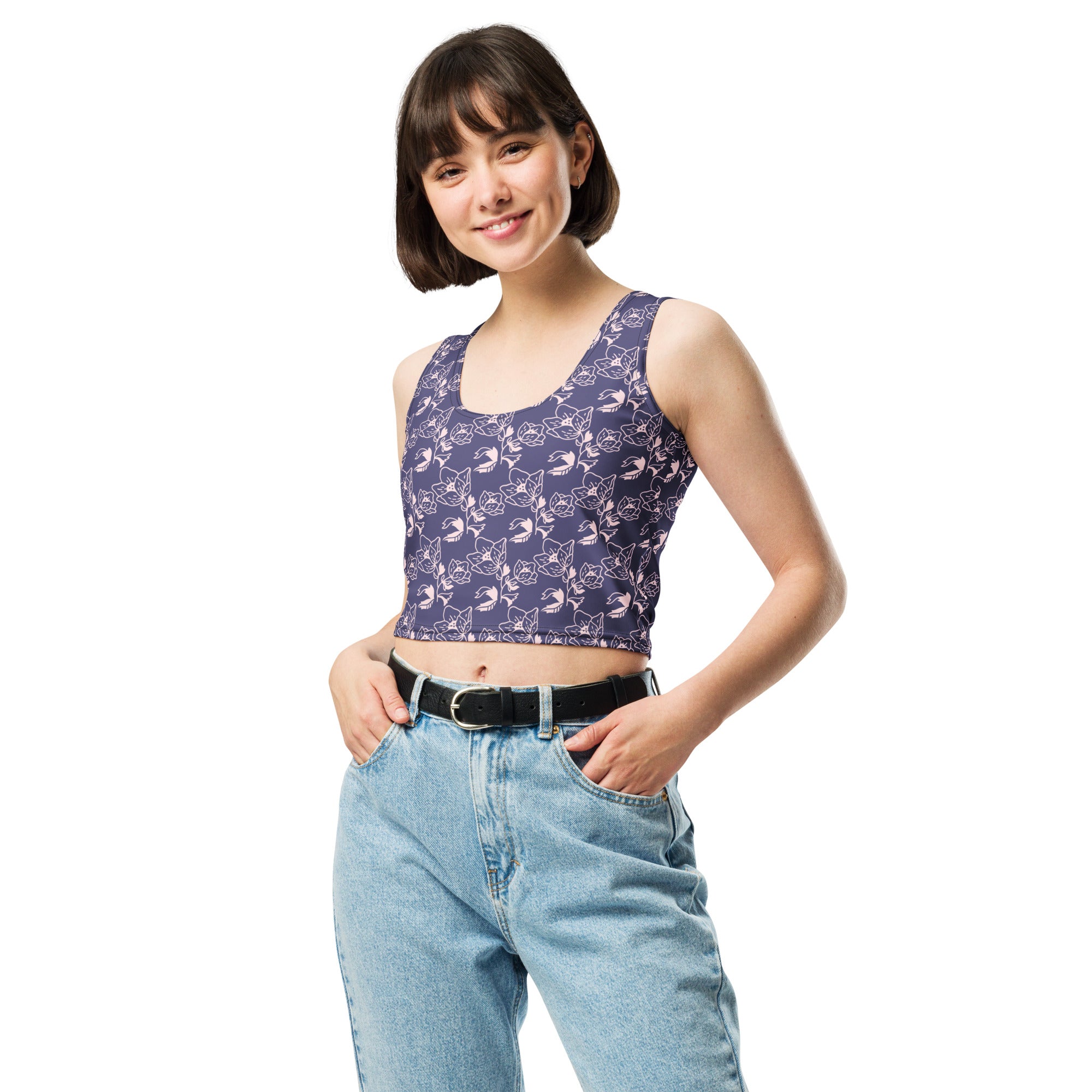 Women's Navy Purple Floral Buttery Soft Crop Top- Quick-Drying UPF 50+ Stretch Top