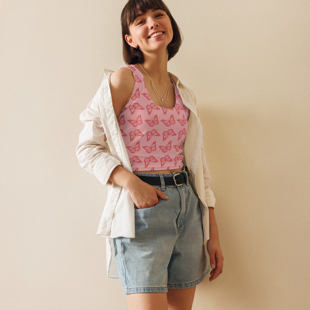 Women's Pink Butterfly Buttery Soft Crop Top- Quick-Drying UPF 50+ Stretch Top