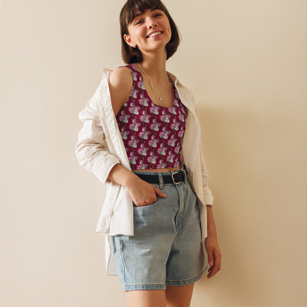 Women's Magenta Floral Buttery Soft Crop Top- Quick-Drying UPF 50+ Stretch Top