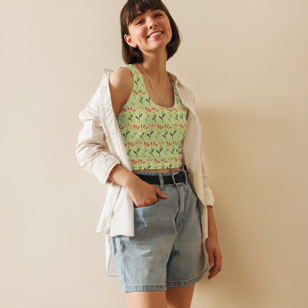 Women's Light Green Daisy Buttery Soft Crop Top- Quick-Drying UPF 50+ Stretch Top