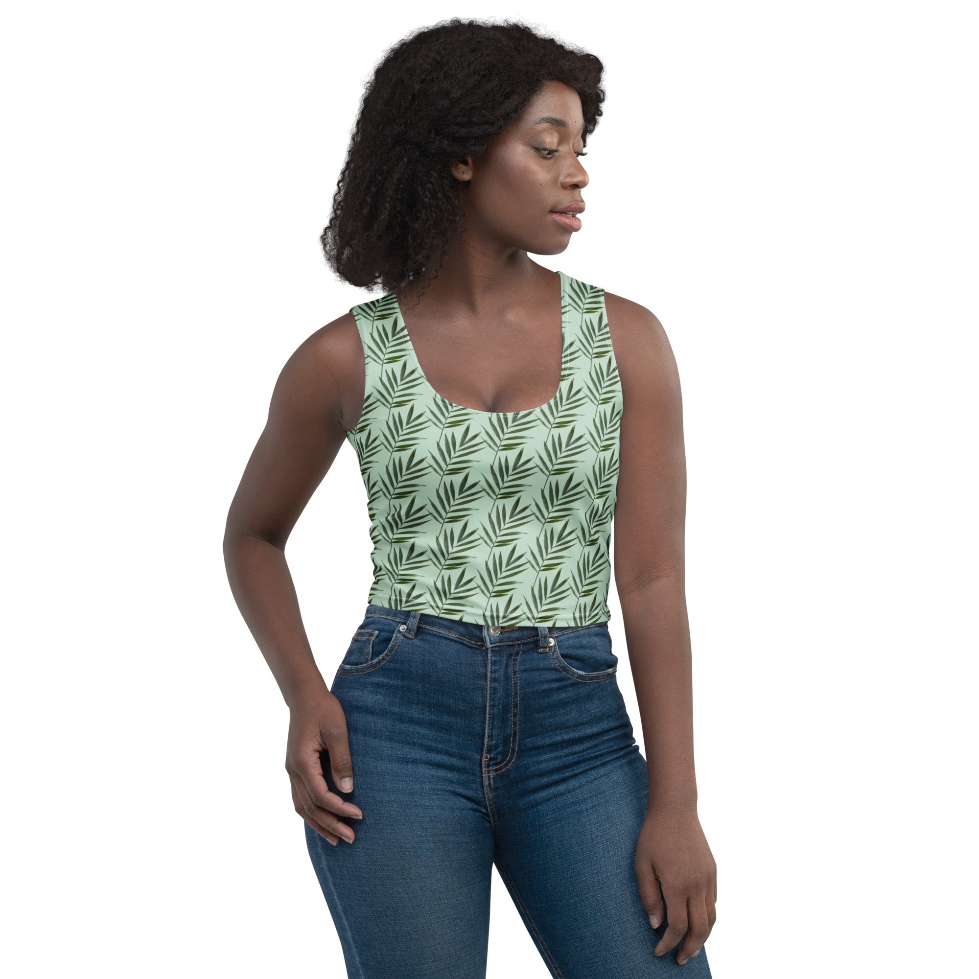 Women's Sage Palm Leaf Buttery Soft Crop Top- Quick-Drying UPF 50+ Stretch Top