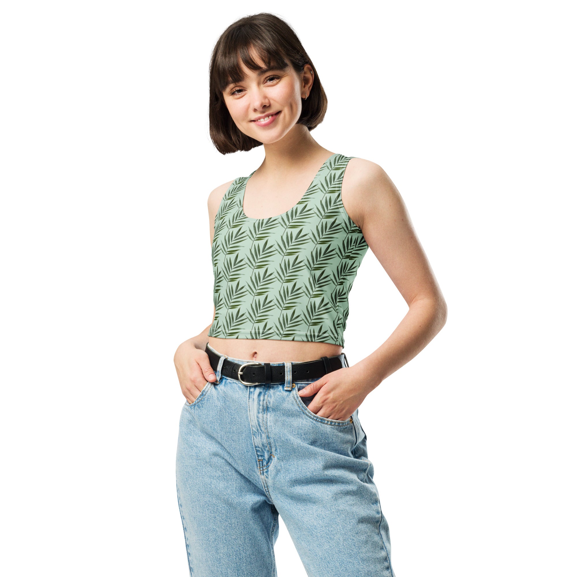 Women's Sage Palm Leaf Buttery Soft Crop Top- Quick-Drying UPF 50+ Stretch Top