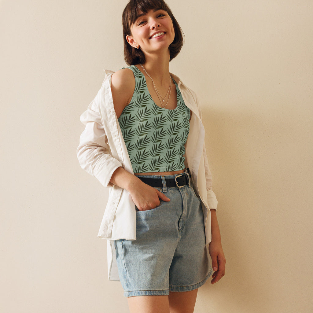 Women's Sage Palm Leaf Buttery Soft Crop Top- Quick-Drying UPF 50+ Stretch Top