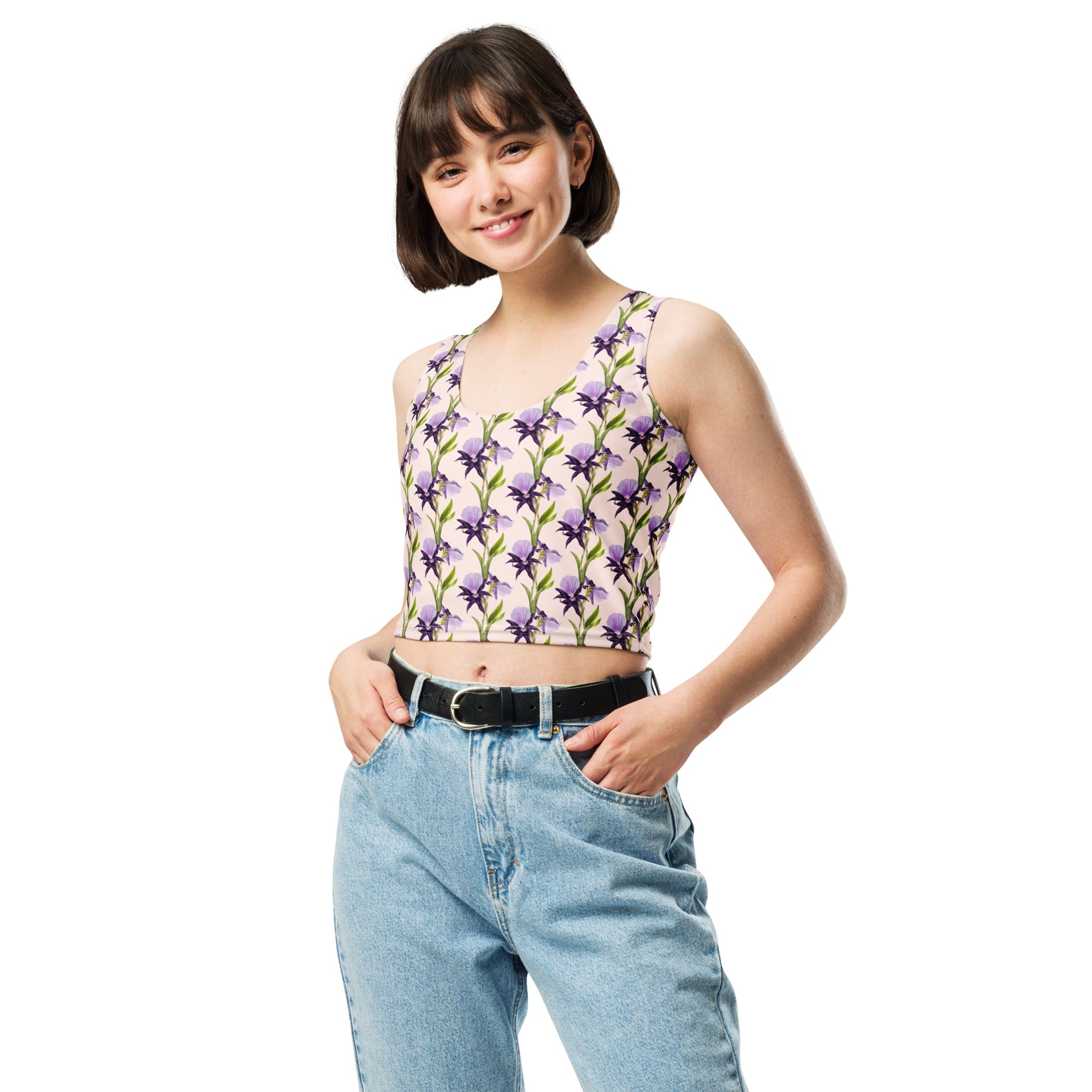 Women's Purple Floral Vine Buttery Soft Crop Top- Quick-Drying UPF 50+ Stretch Top