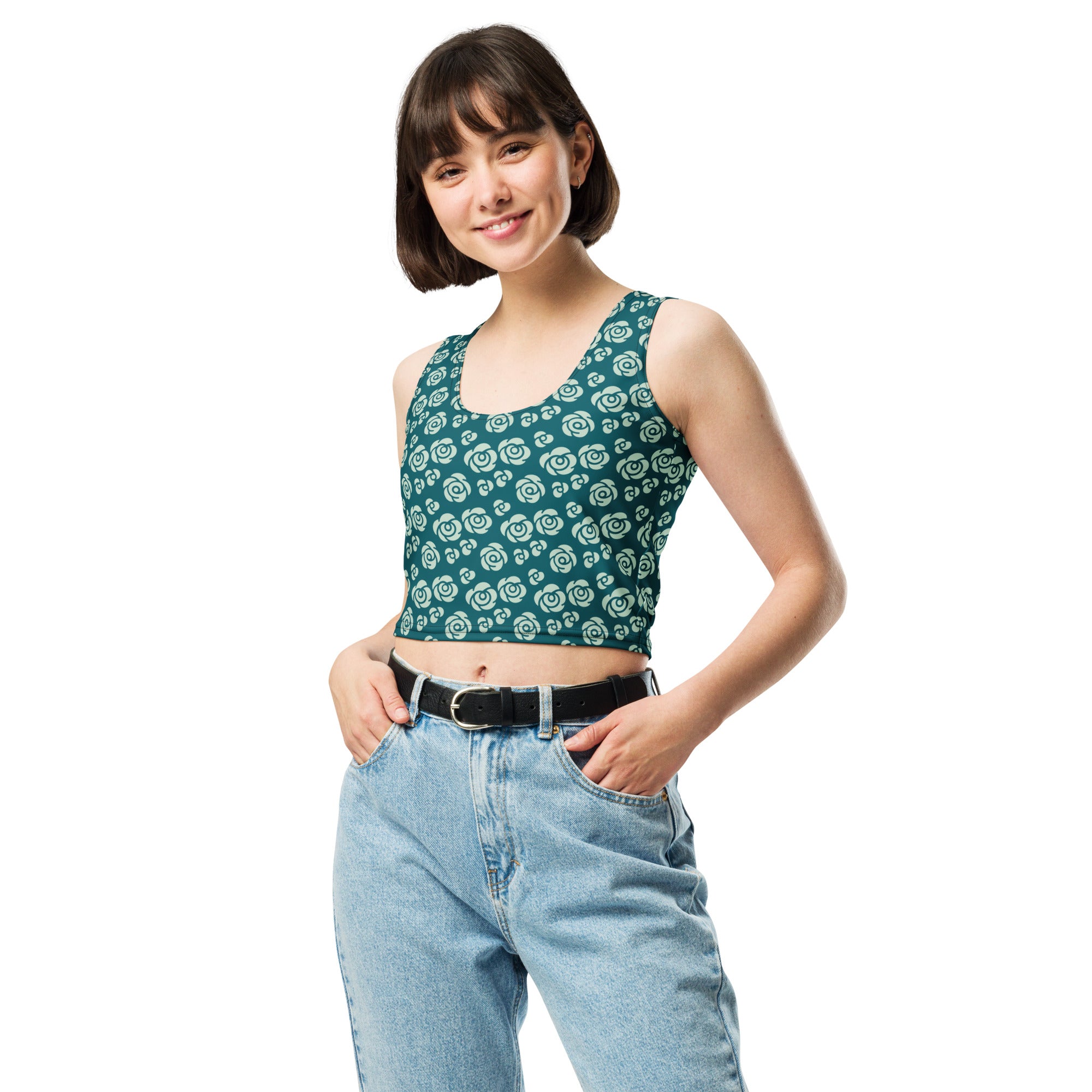 Women's Teal Rose Buttery Soft Crop Top- Quick-Drying UPF 50+ Stretch Top