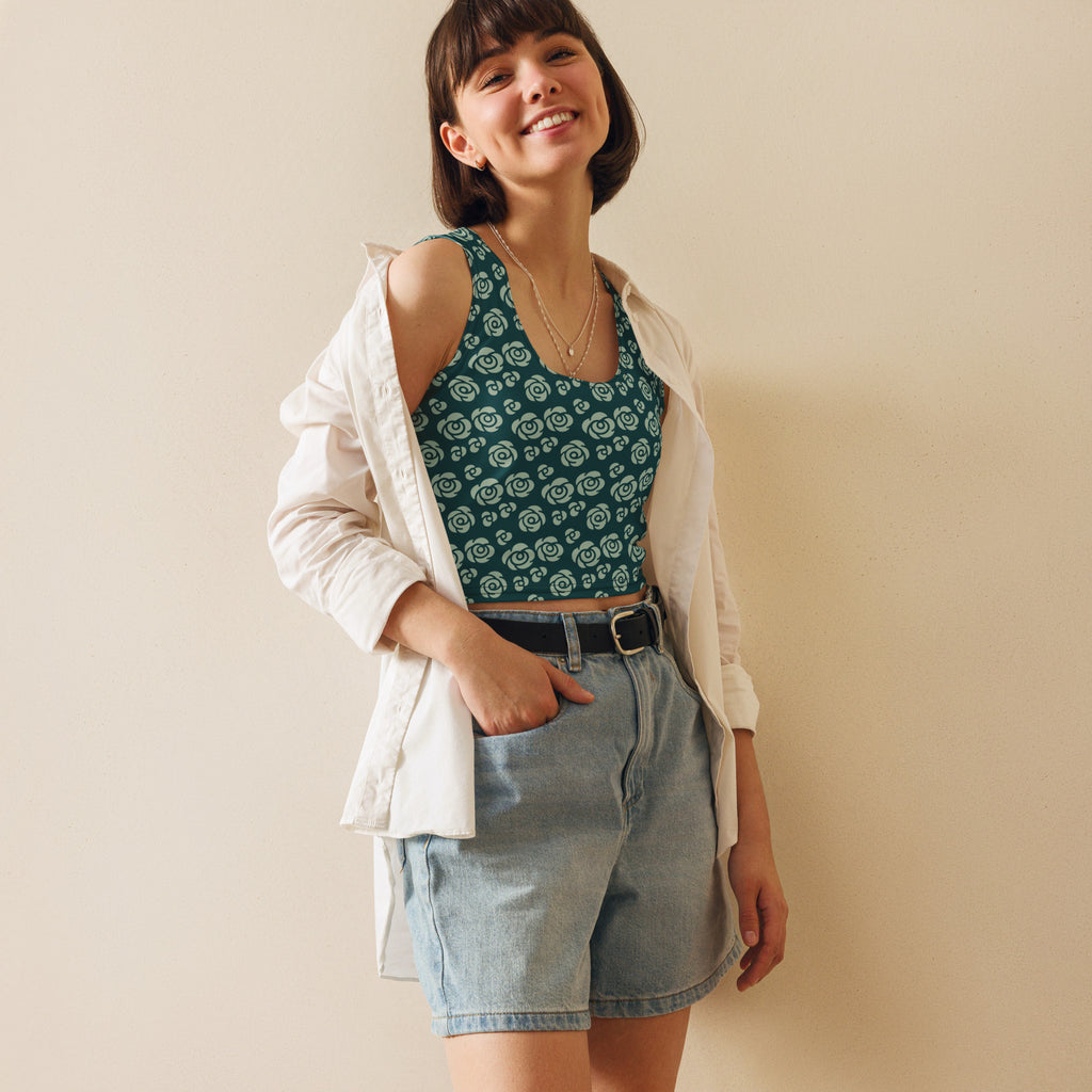 Women's Teal Rose Buttery Soft Crop Top- Quick-Drying UPF 50+ Stretch Top