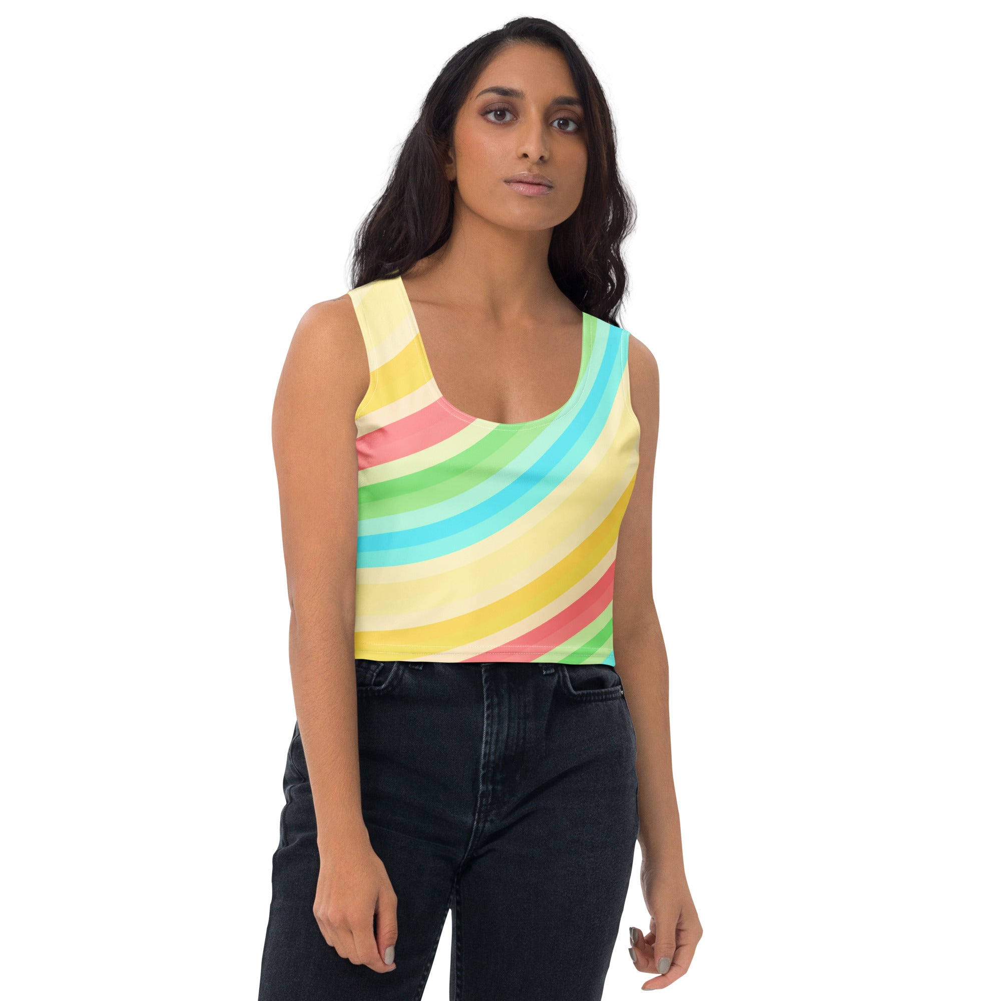 Women's Curved Rainbow Stripe Buttery Soft Crop Top- Quick-Drying UPF 50+ Stretch To