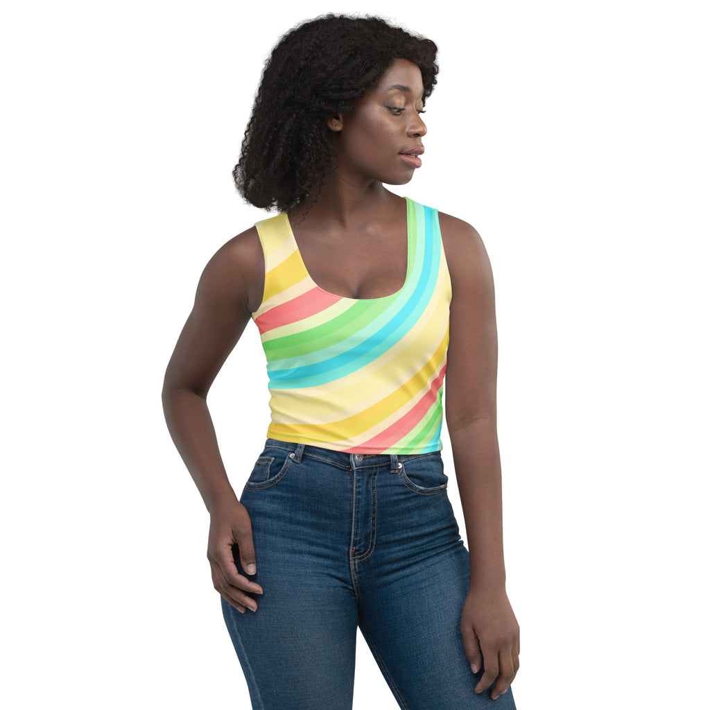 Women's Curved Rainbow Stripe Buttery Soft Crop Top- Quick-Drying UPF 50+ Stretch To