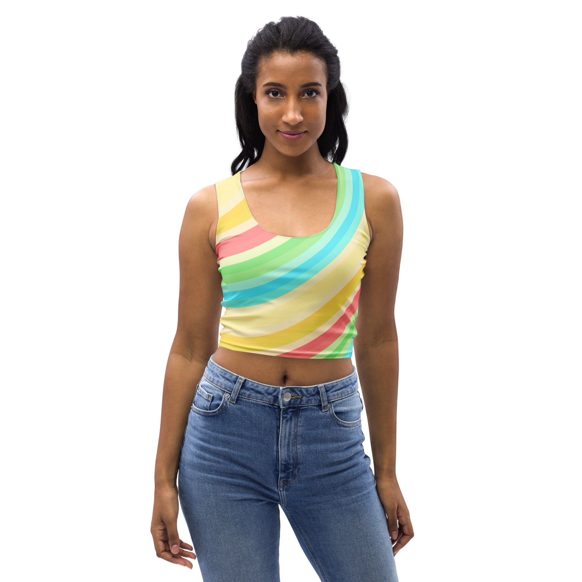 Women's Curved Rainbow Stripe Buttery Soft Crop Top- Quick-Drying UPF 50+ Stretch To