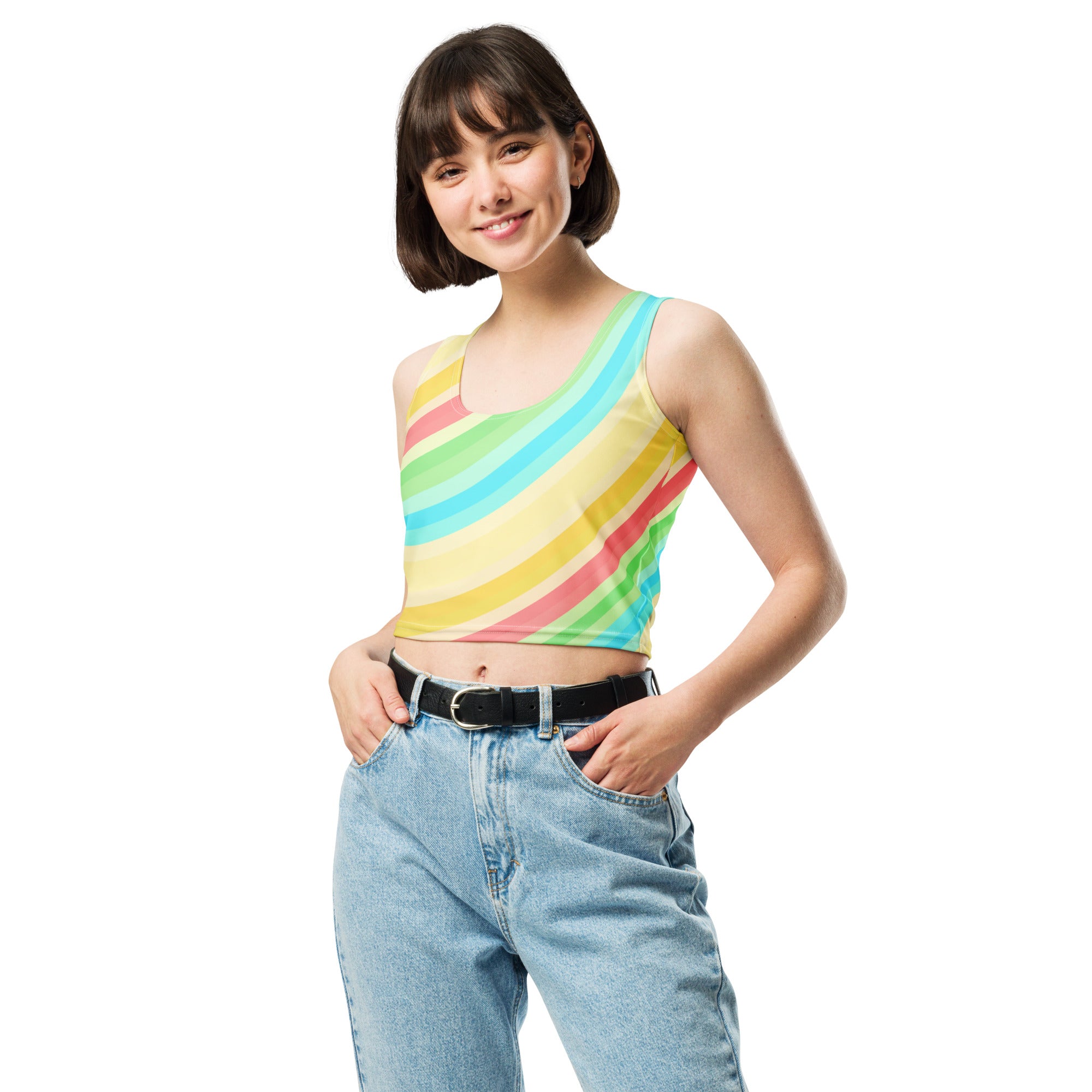 Women's Curved Rainbow Stripe Buttery Soft Crop Top- Quick-Drying UPF 50+ Stretch To