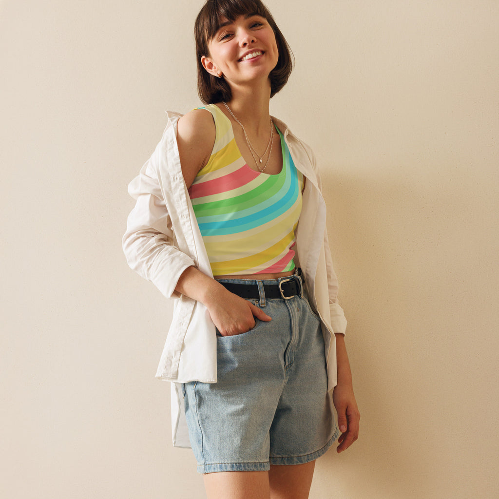 Women's Curved Rainbow Stripe Buttery Soft Crop Top- Quick-Drying UPF 50+ Stretch To