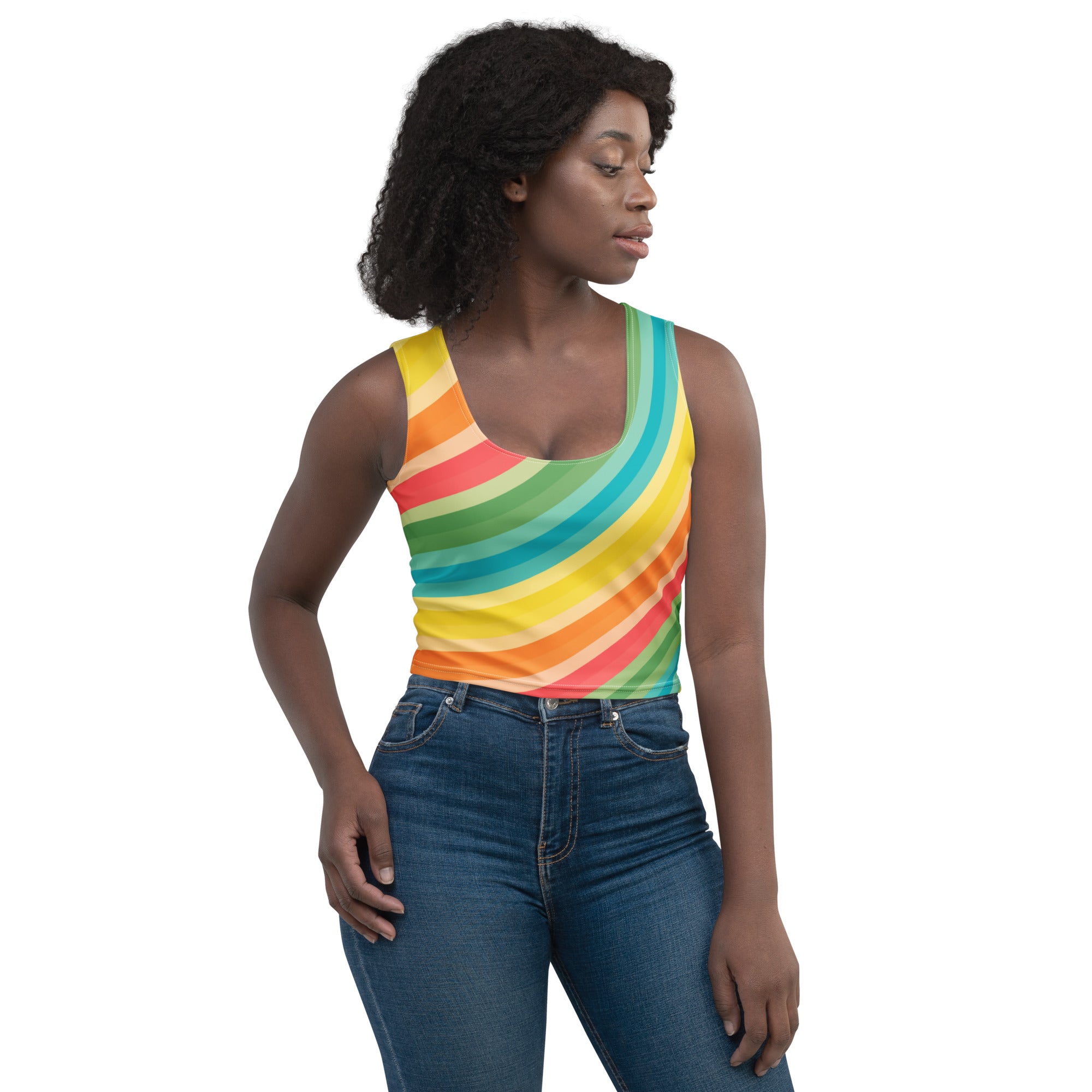 Women's Curved Rainbow Buttery Soft Crop Top- Quick-Drying UPF 50+ Stretch Top
