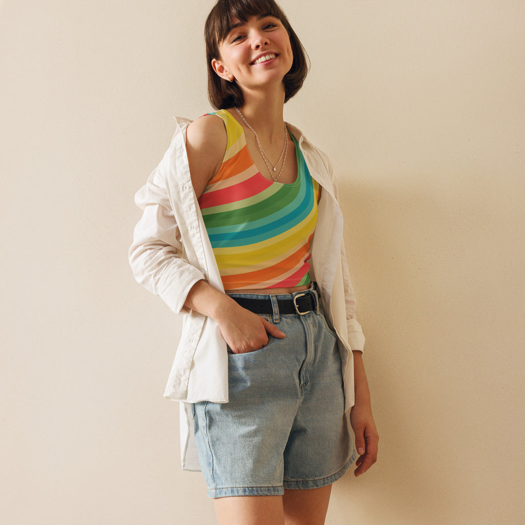 Women's Curved Rainbow Buttery Soft Crop Top- Quick-Drying UPF 50+ Stretch Top