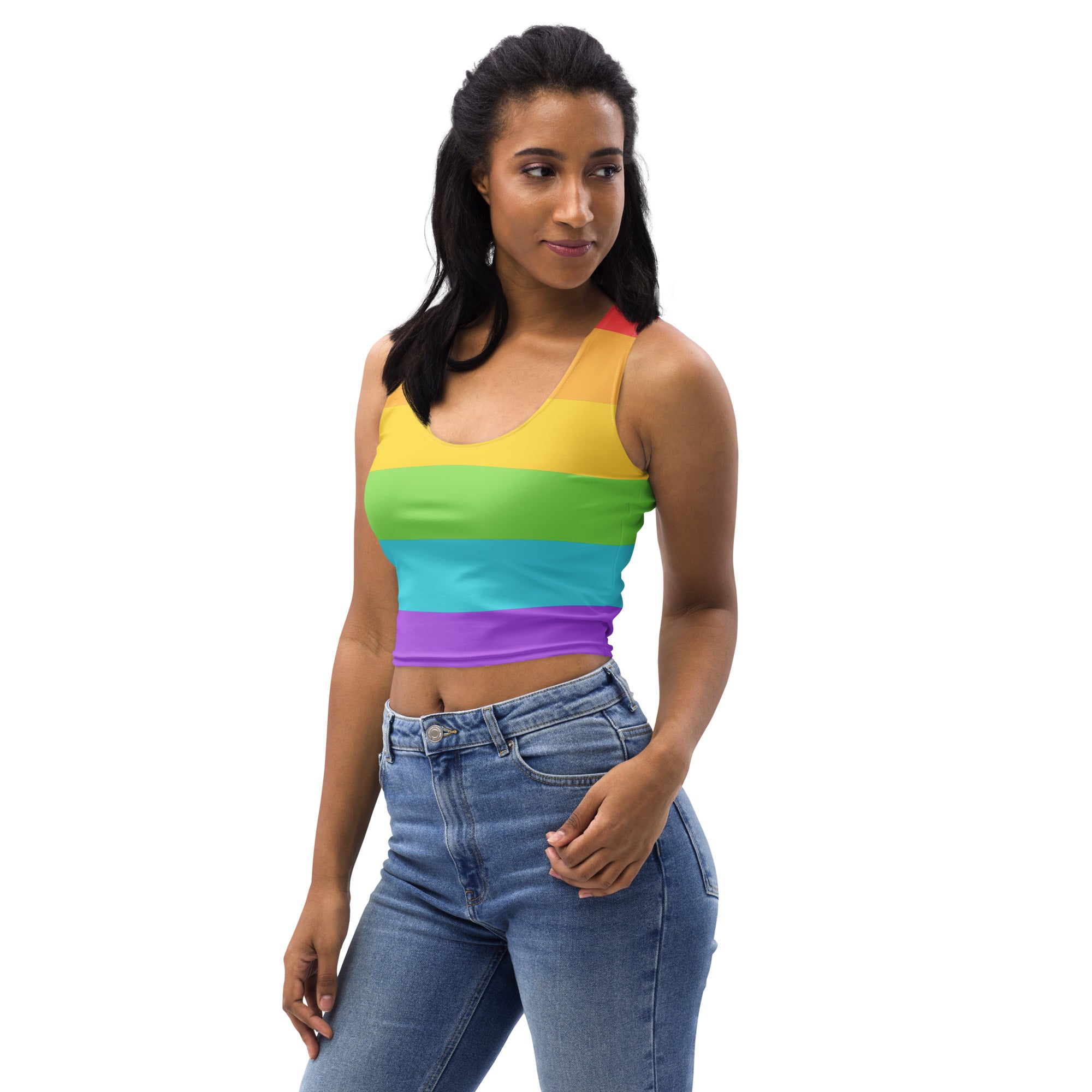 Women’s pride flag rainbow buttery soft crop top with vibrant yellow green blue and purple horizontal stripes