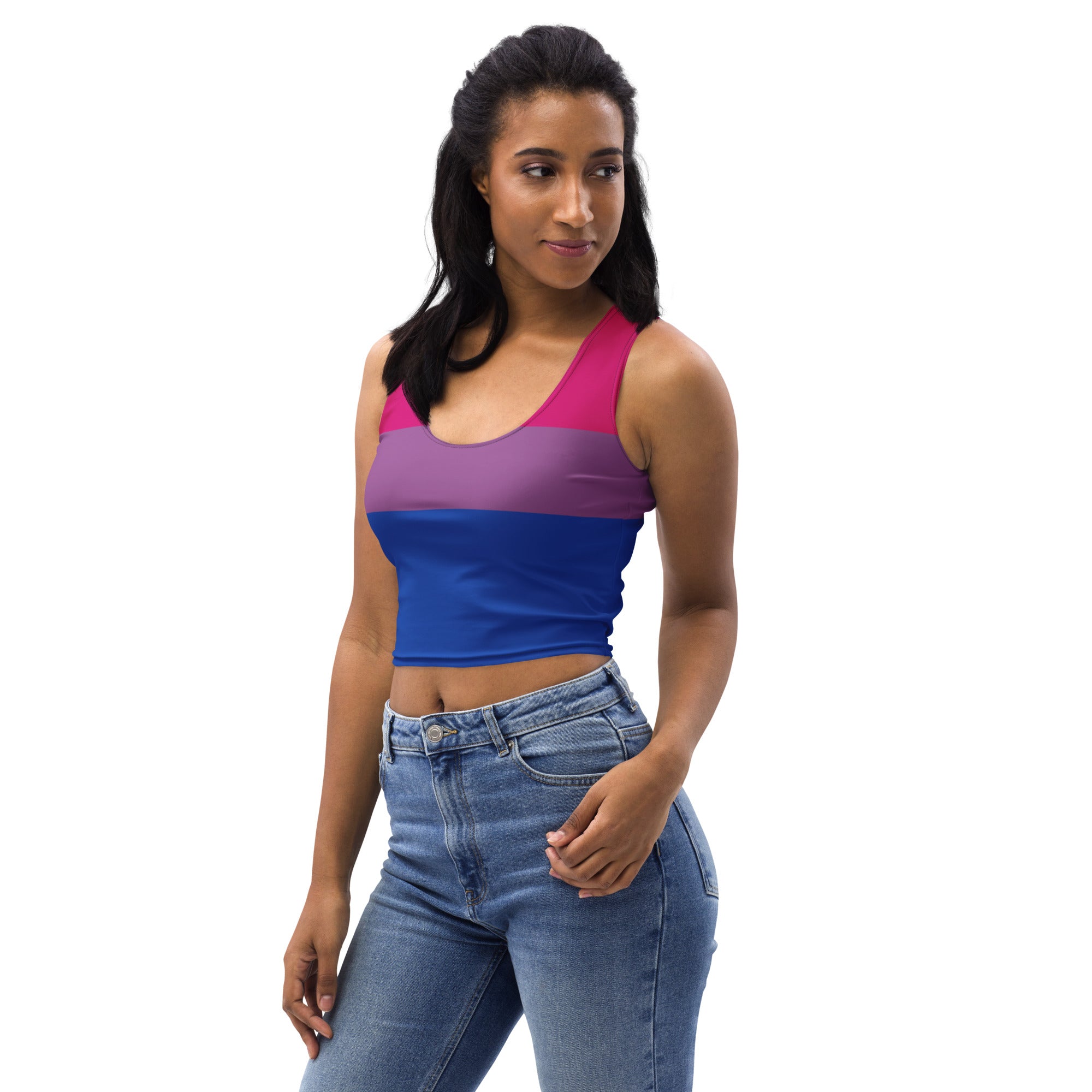 Women’s bisexual flag buttery soft crop top with vibrant pink purple and blue stripes in smooth stretchy fabric