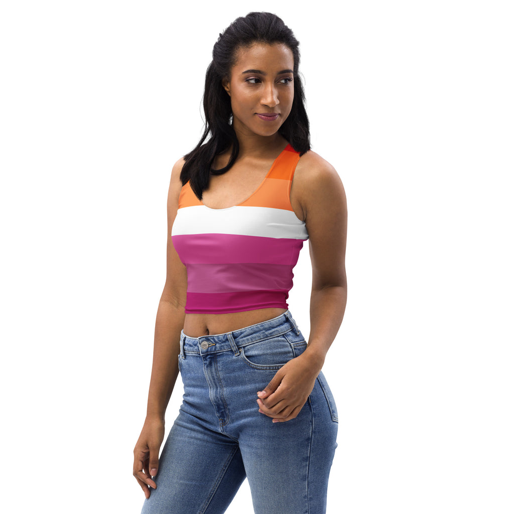 Women’s lesbian flag buttery soft sleeveless crop top with orange white and pink horizontal stripes