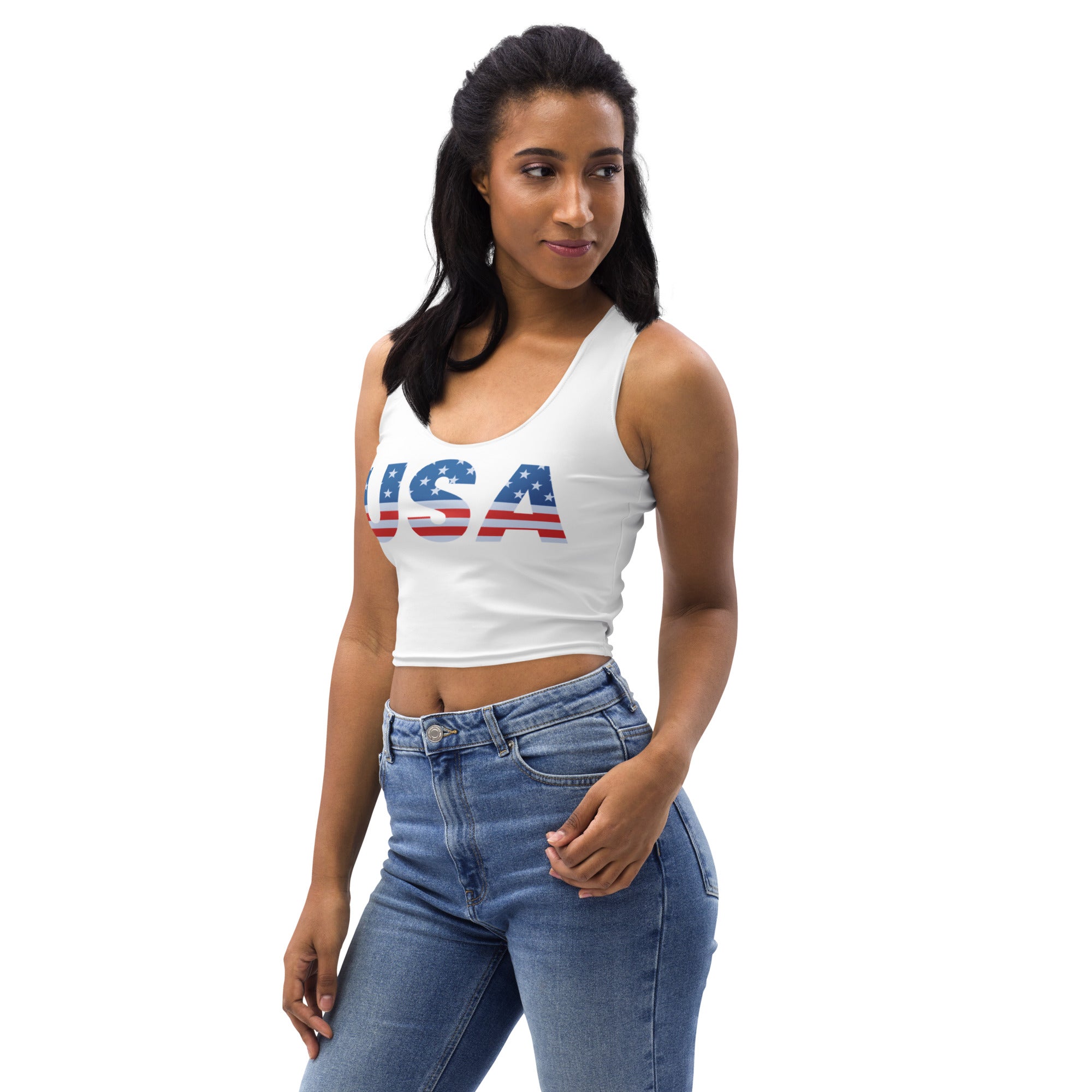 Women’s usa buttery soft white cropped tank top with usa flag design printed in red white and blue
