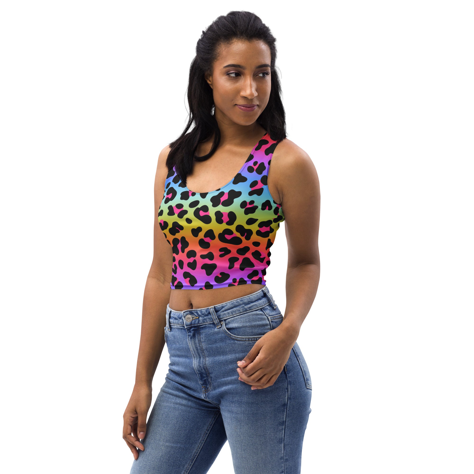 Women’s pride rainbow leopard print buttery soft crop top in vibrant gradient colors for casual wear