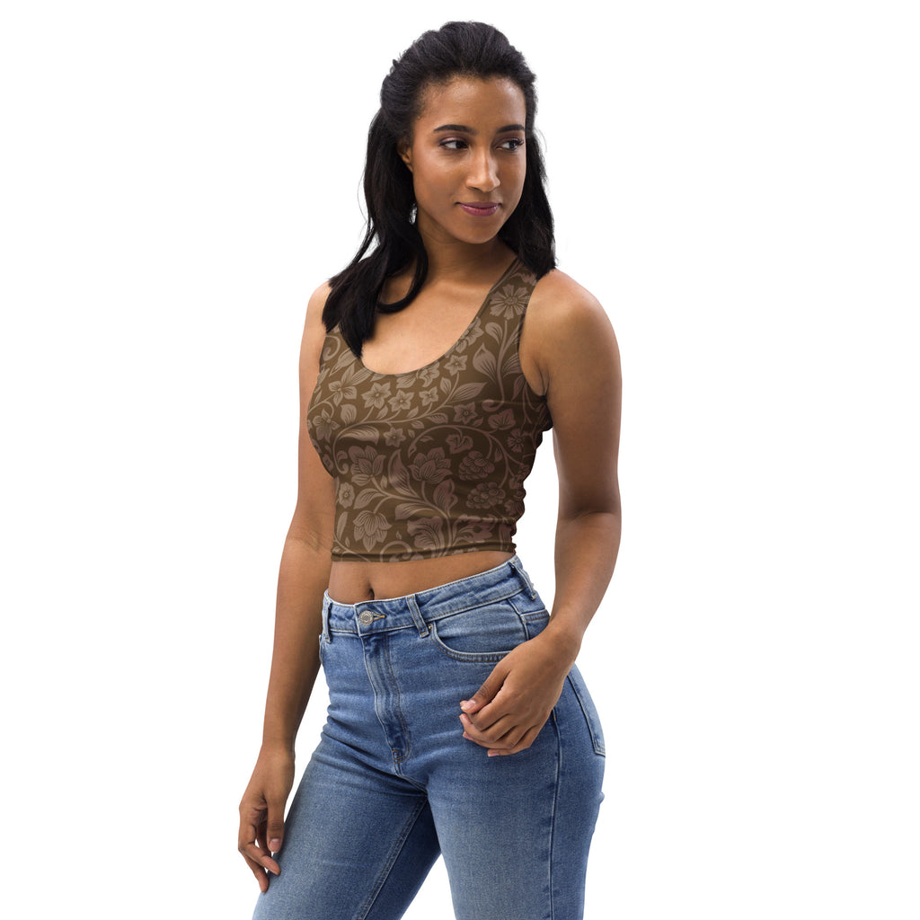 Women’s brown floral buttery soft crop top featuring a delicate floral pattern and comfortable fabric