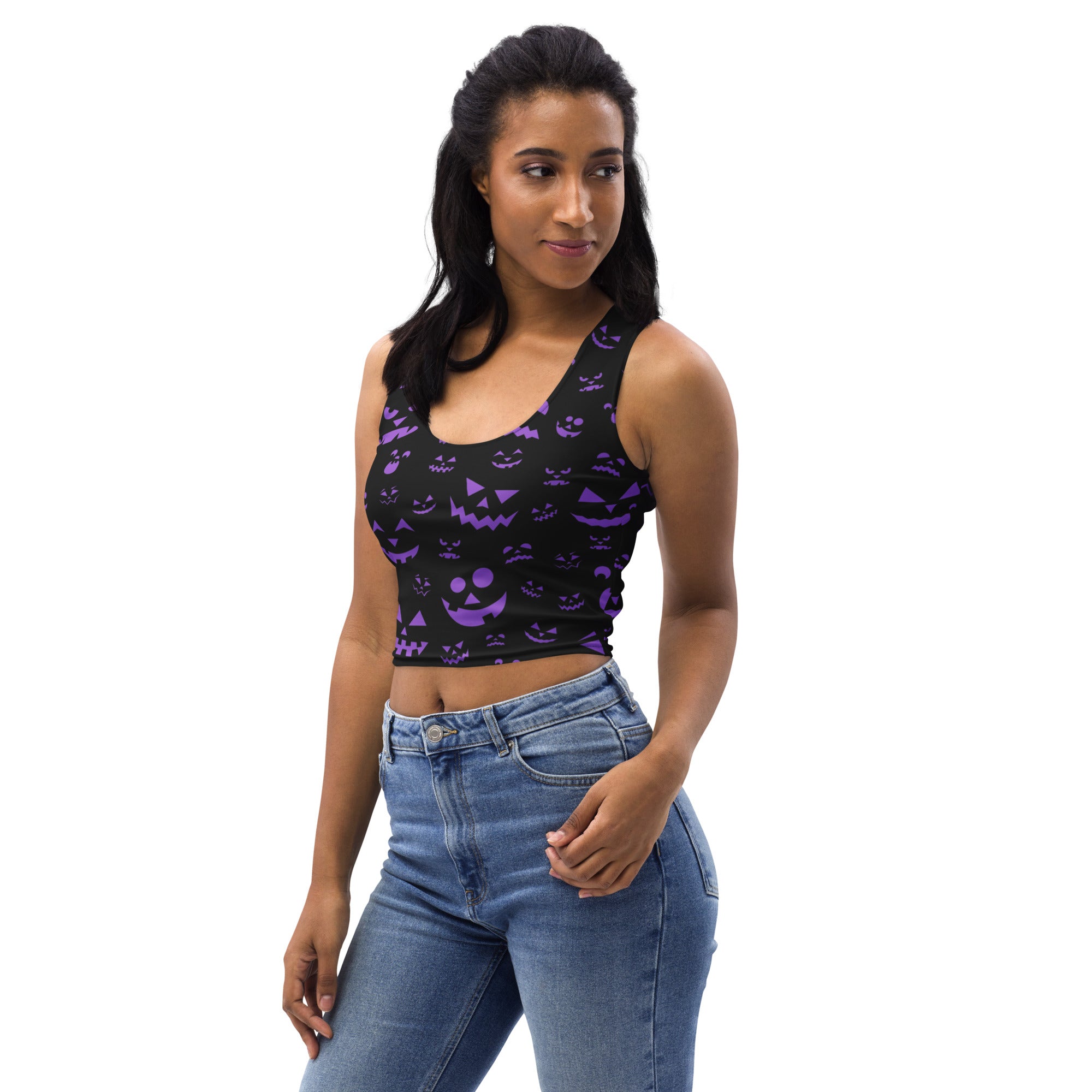 Black buttery soft crop top with purple jack-o-lantern face print for women halloween wear